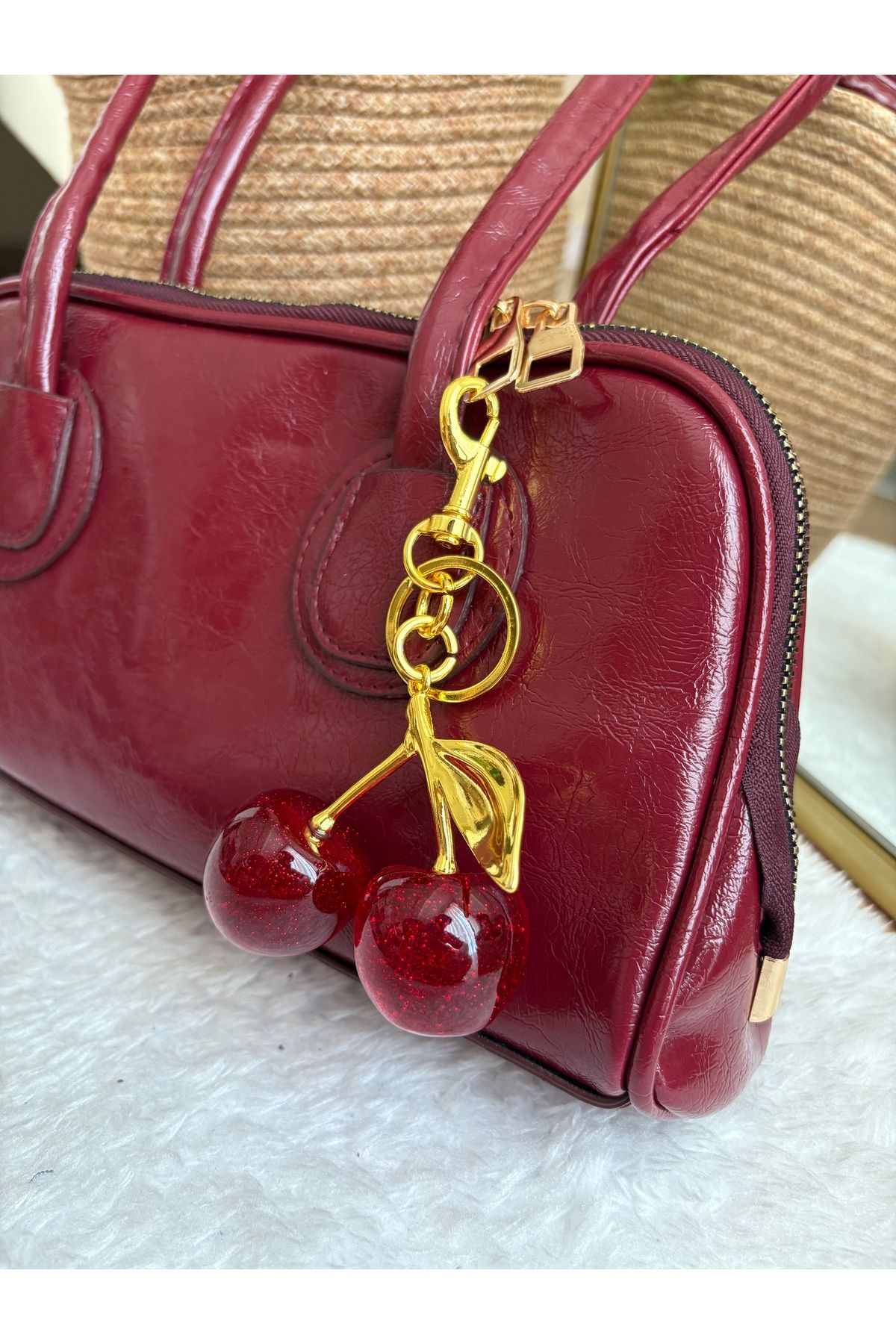 Z&M COLLECTION BAG SHOPPİNG Gold Detaylı Simli Kiraz Viral Olan Çanta Charm