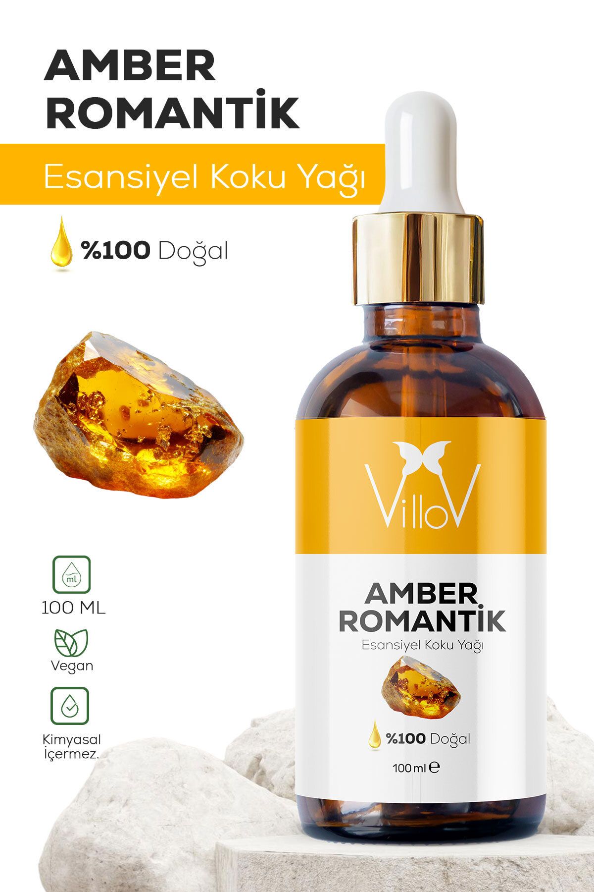 Villov Amber Esansiyel Uçucu Koku Yağı Difüzör Esansı Buhurdanlık Yağı Aromaterapi Esansı Yağı 100ml