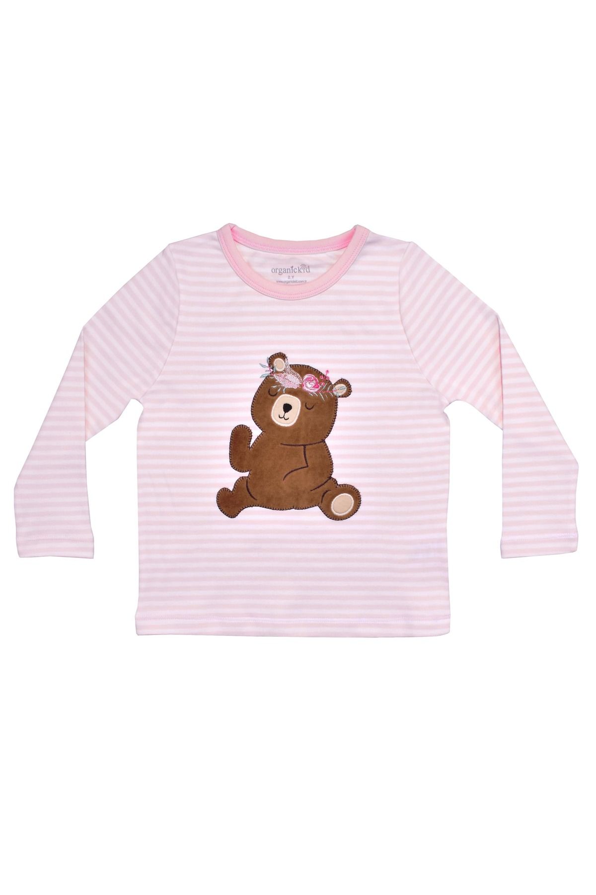 OrganicKid %100 Organik Pamuk Ayıcık İşlemeli Uzun Kol T-Shirt