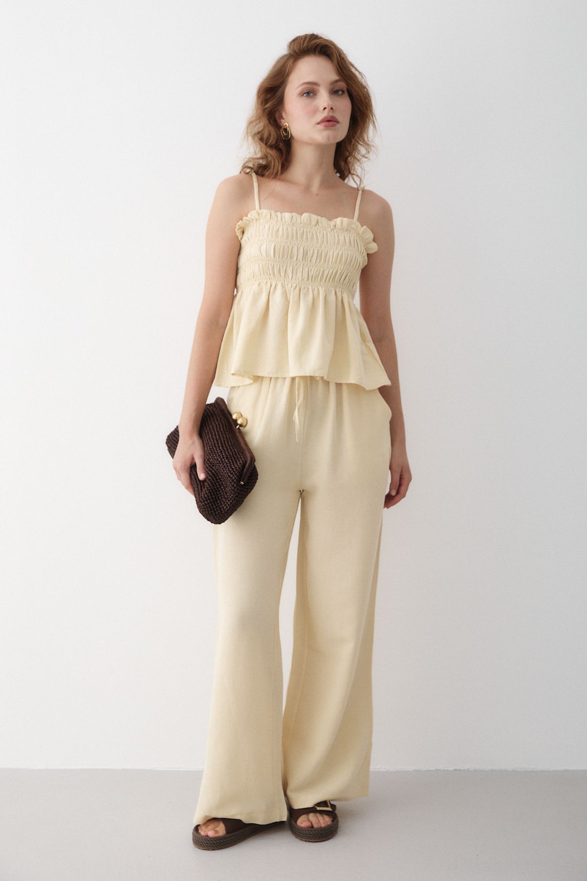 Laluvia Sarı Gipeli Bluz Pantolon Takım - 30378