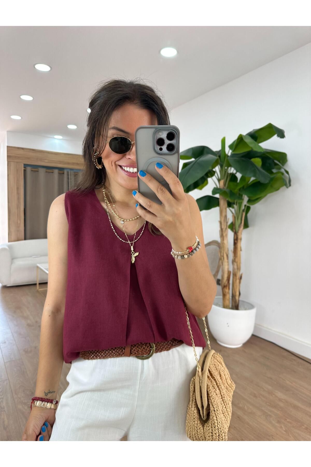 2she Önü Dikiş Detaylı Keten Bluz - Bordo