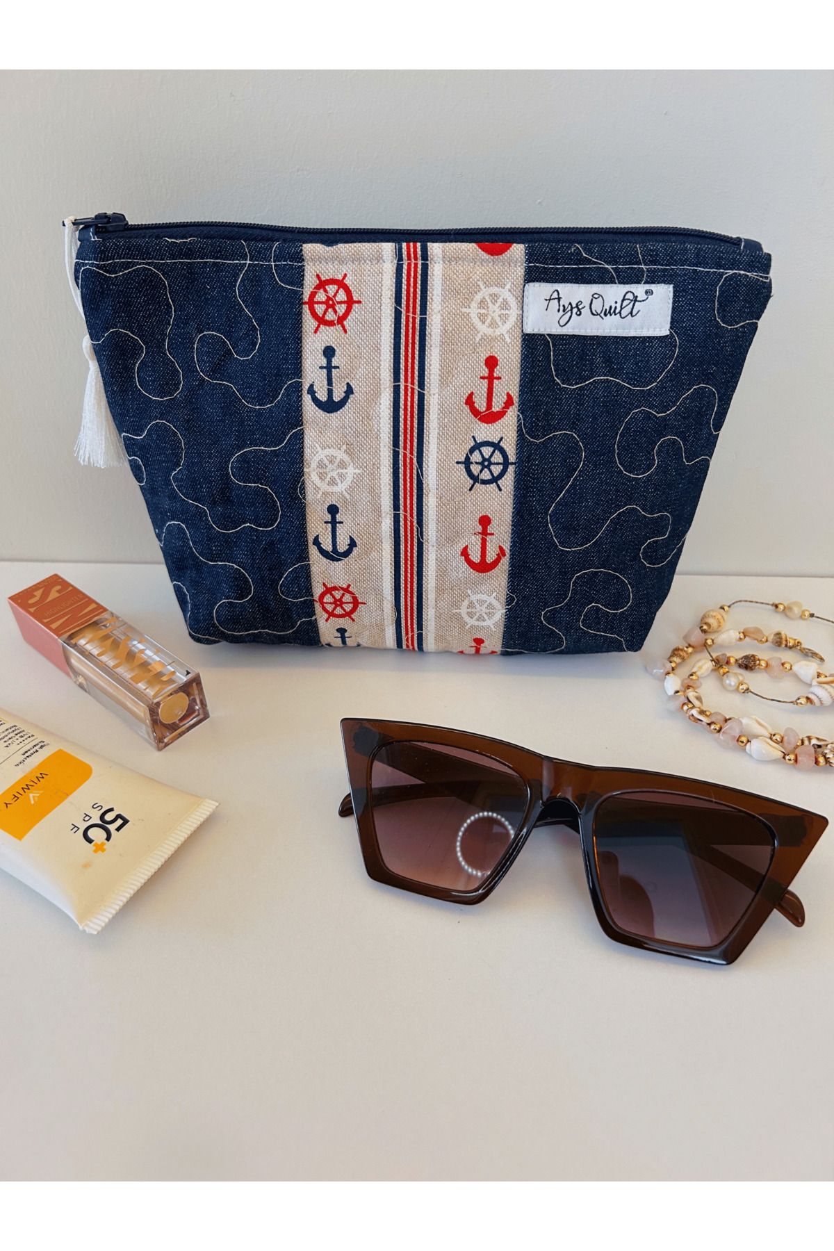 Tasarım Denizci Temalı Kot Clutch - Plaj Makyaj Çantası