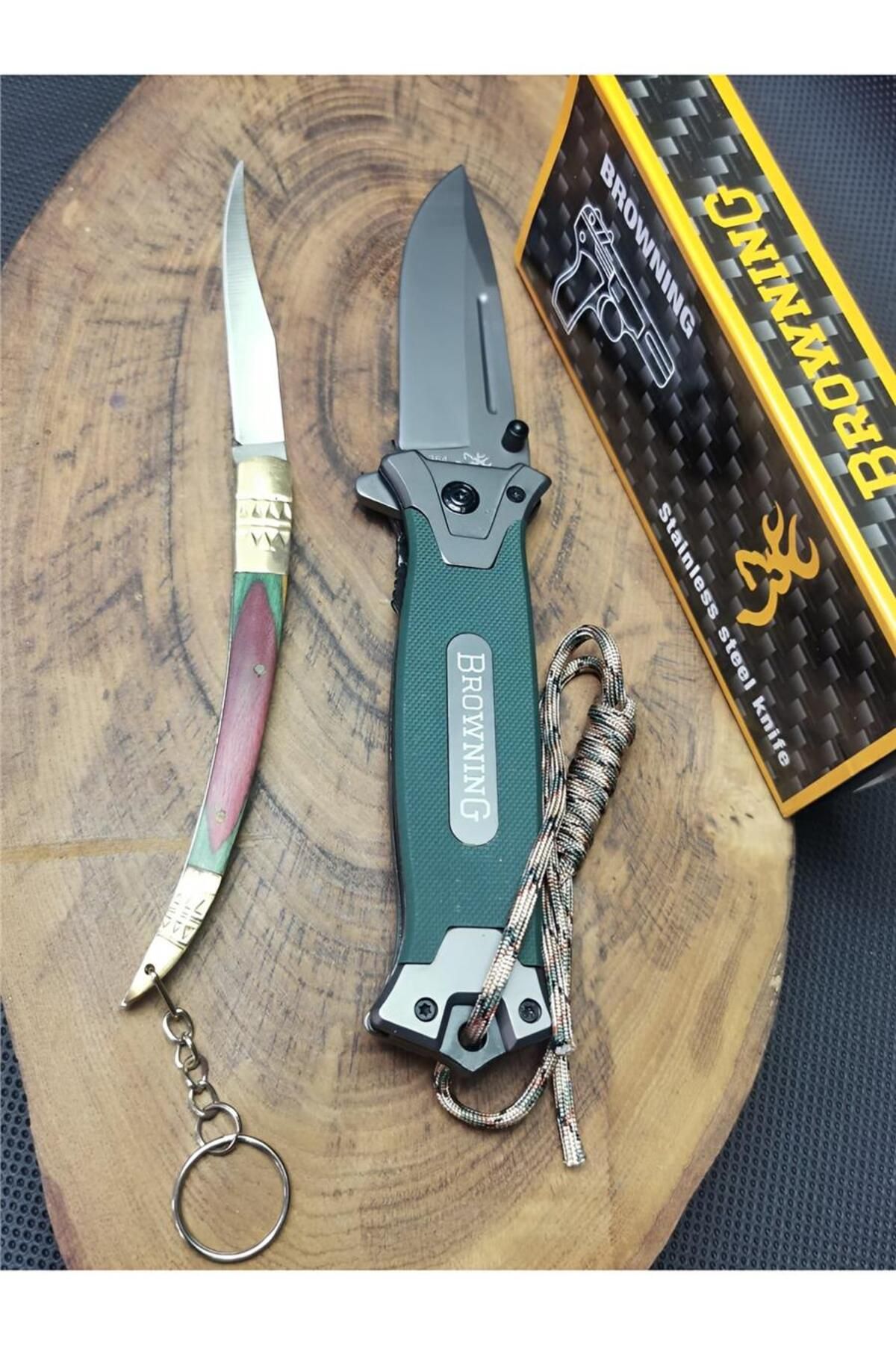 supertrend Süpertrend Kamp Outdoor 21 cm Yeşil İpli Browning Avcı Çakısı ve Kılçık Çakı Seti