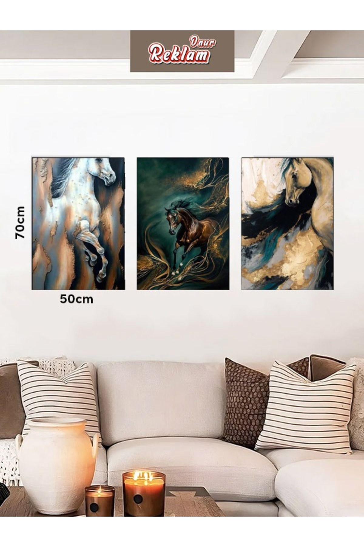 onurreklamonline 3’lü At Figürlü Modern Tablo Seti – 50x70 cm – Dekota Üzeri Folyo Baskı – Duvar Dekoru