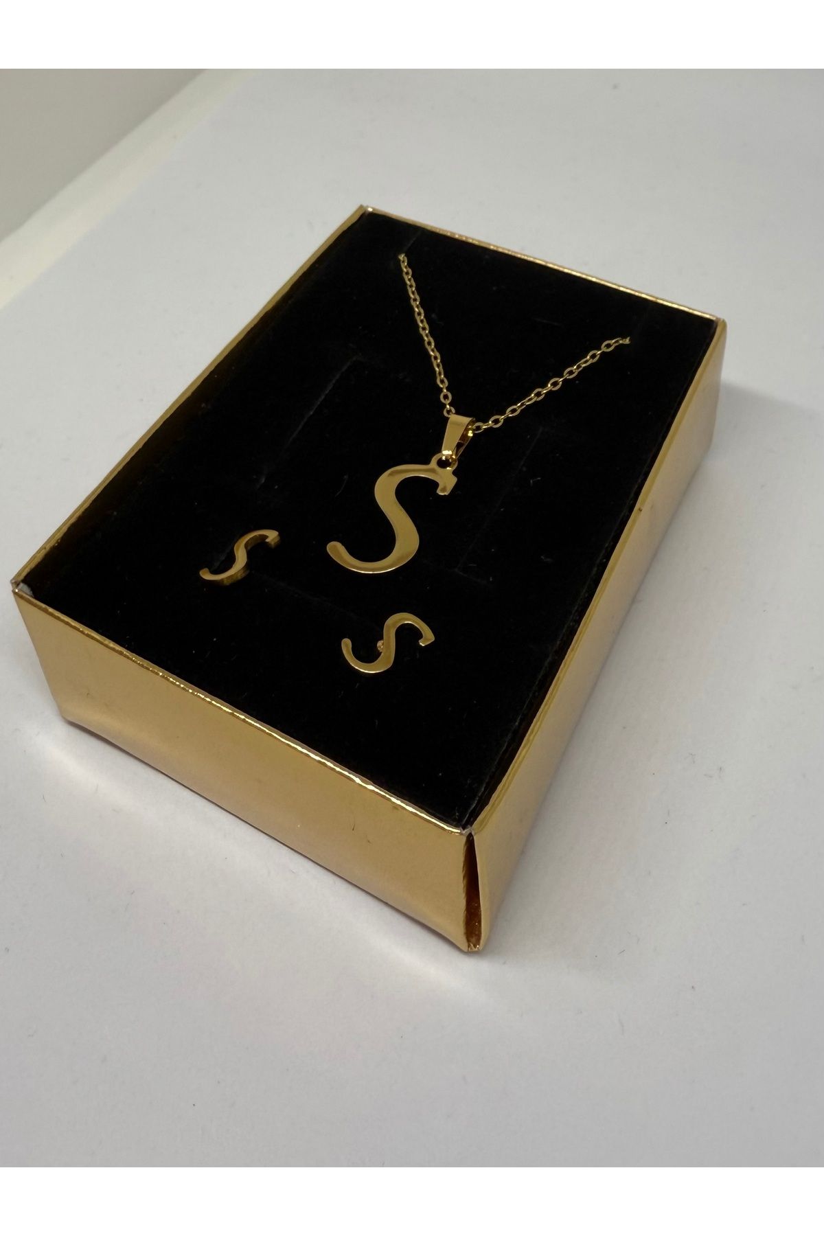 Gulsah's Store 316L Çelik gold S harfli kolye ve küpe seti