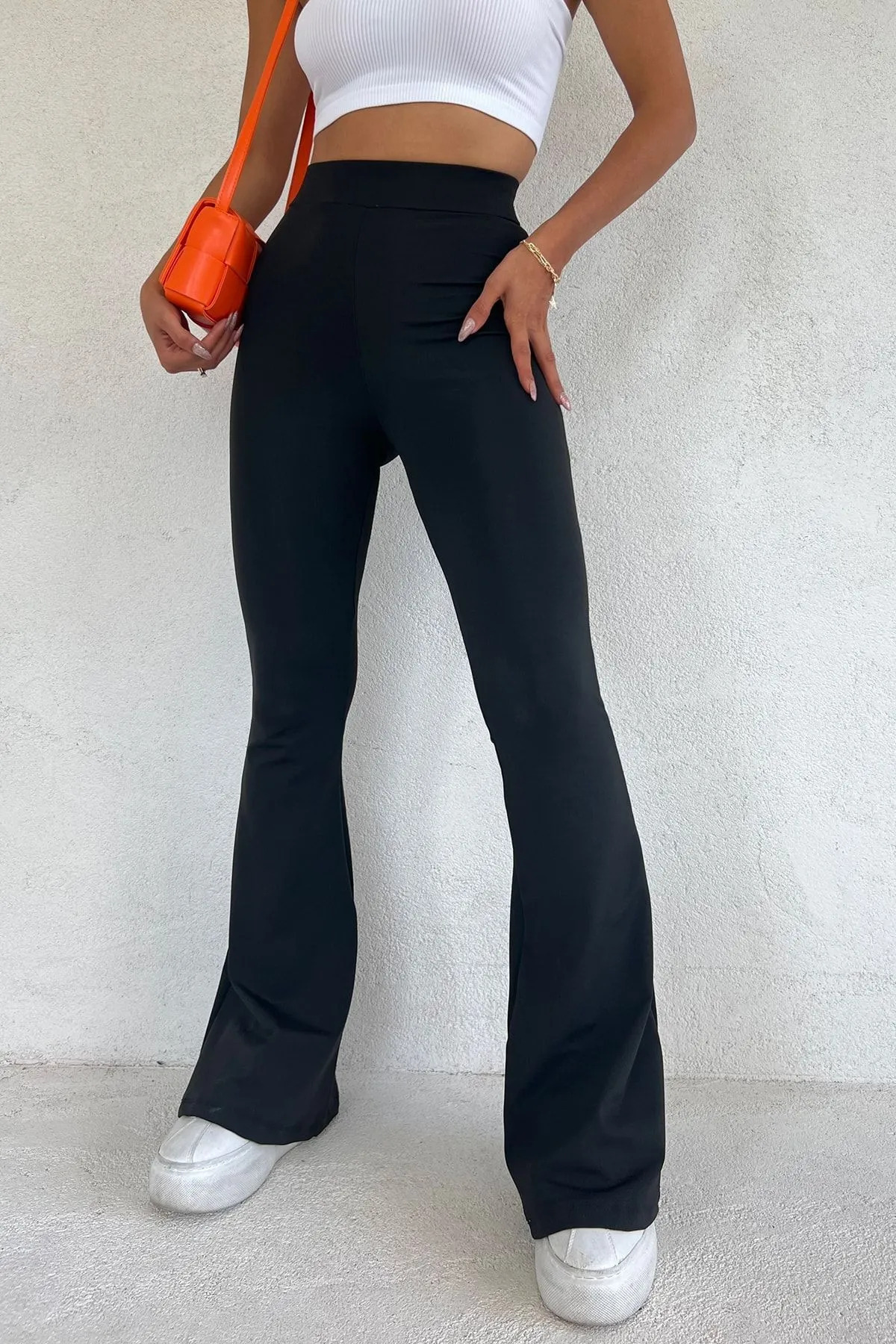 Genel Markalar  Kadın Siyah Ispanyol Paça Dalgıç Kumaş Yüksek Bel Toparlayıcı Tayt Pantolon - Görsel 3