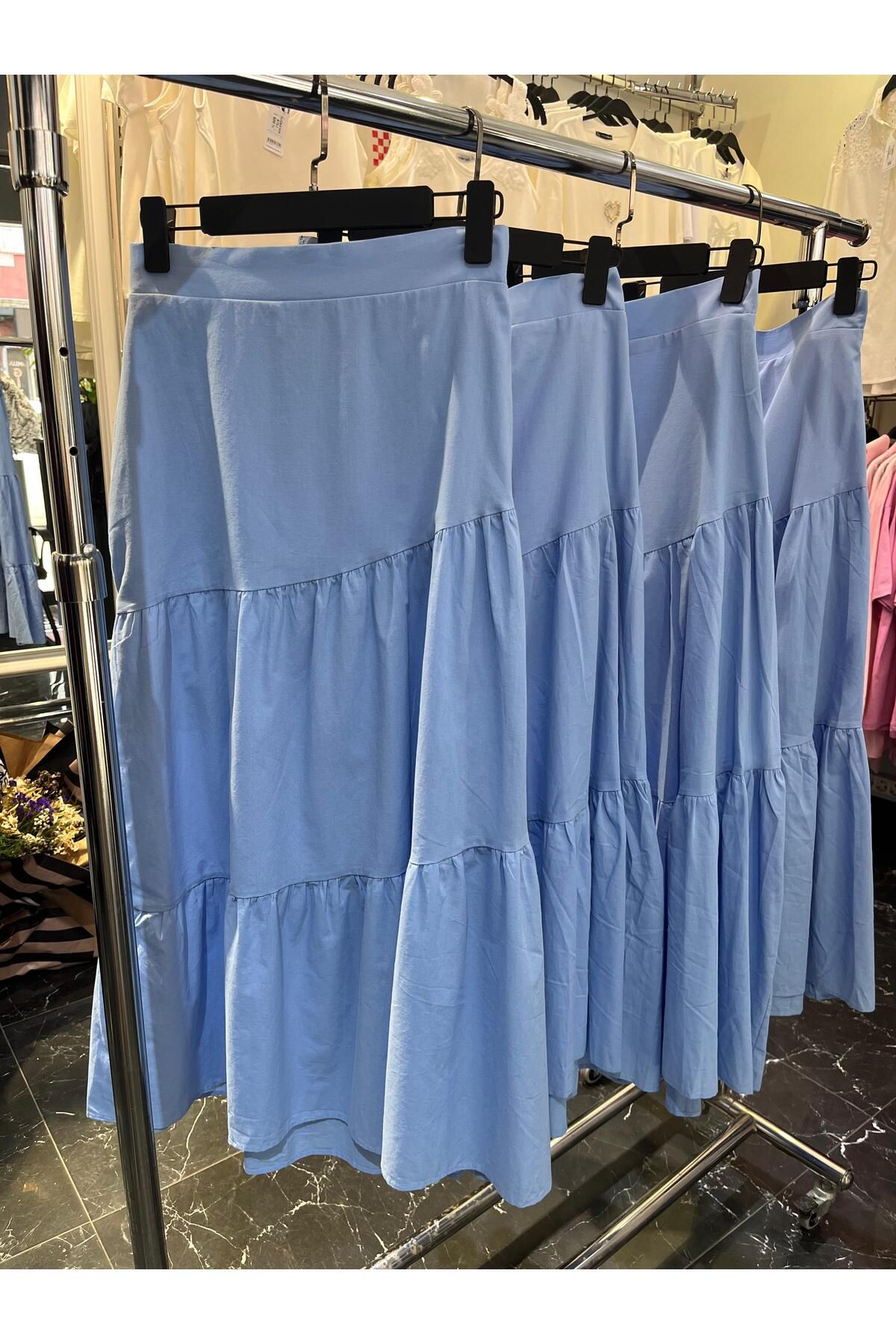 Butik pamuklu kumaş uzun etek mavi