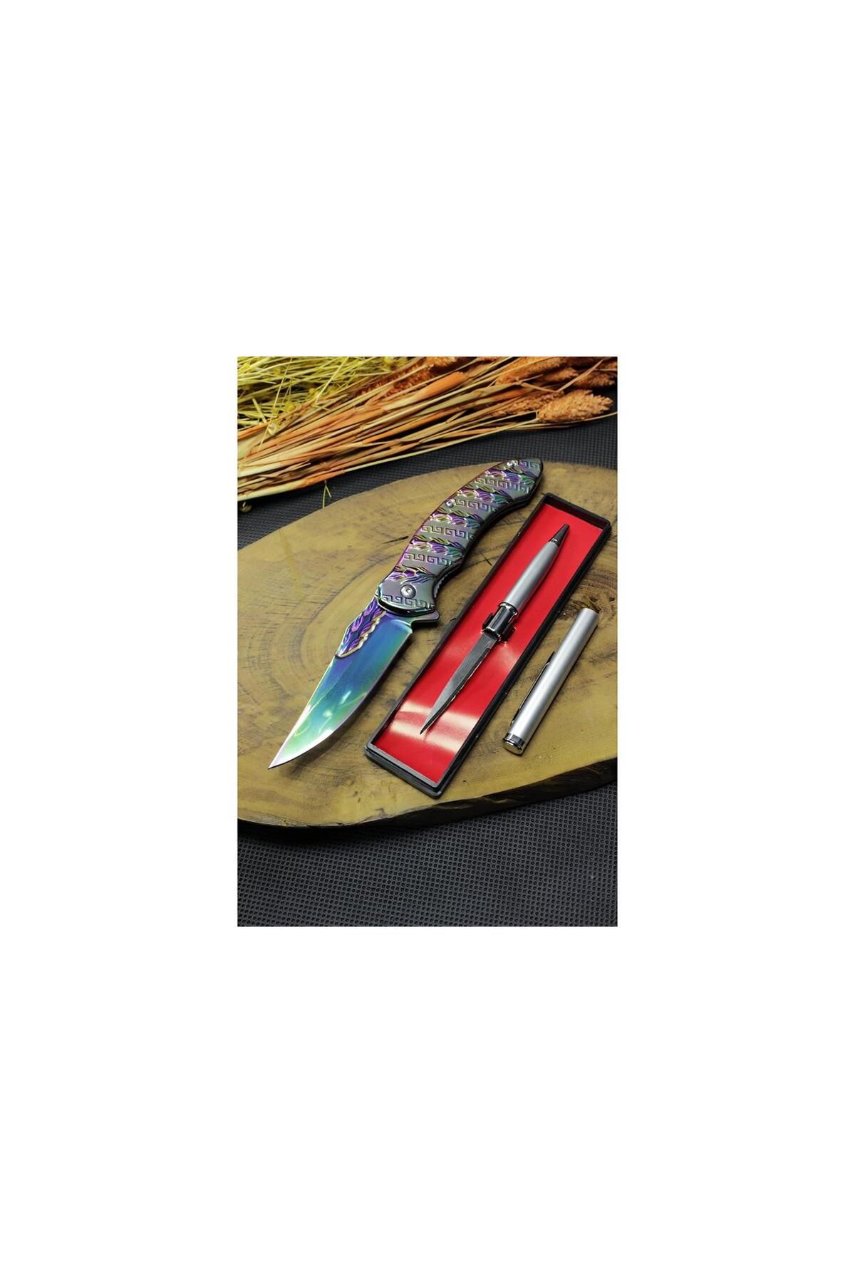 alsepeteavm 21 cm Gökkuşağı Komple Çelik Çakı ve Gizli Kalem Bıçak set
