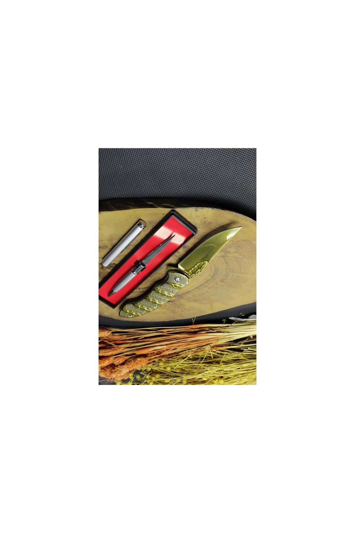 supertrend Süpertrend 21 cm Gold Renk Kamp Çakısı ve Gizli Kalem Bıçak Set