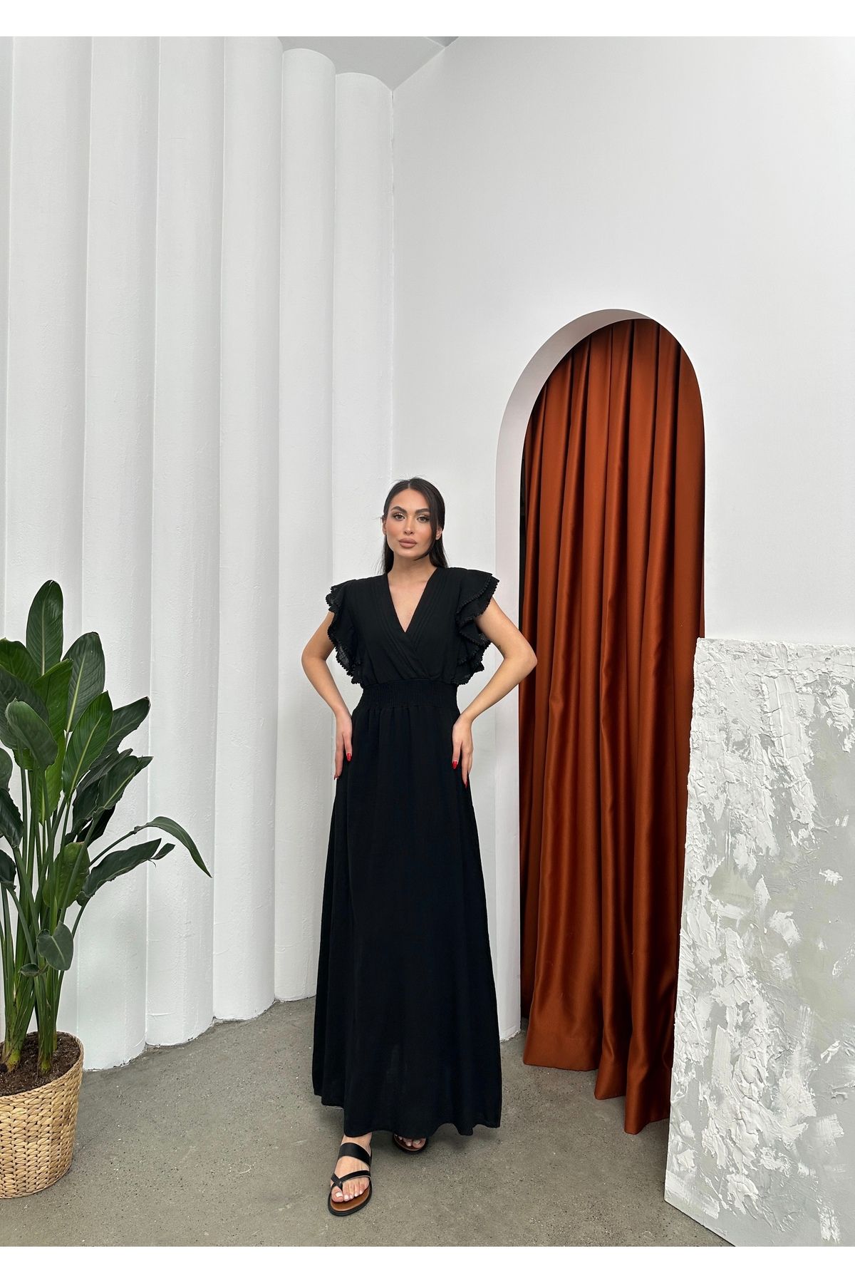 AsprinFashion NERVÜRLÜ BELİ GİPELİ ELBİSE SİYAH