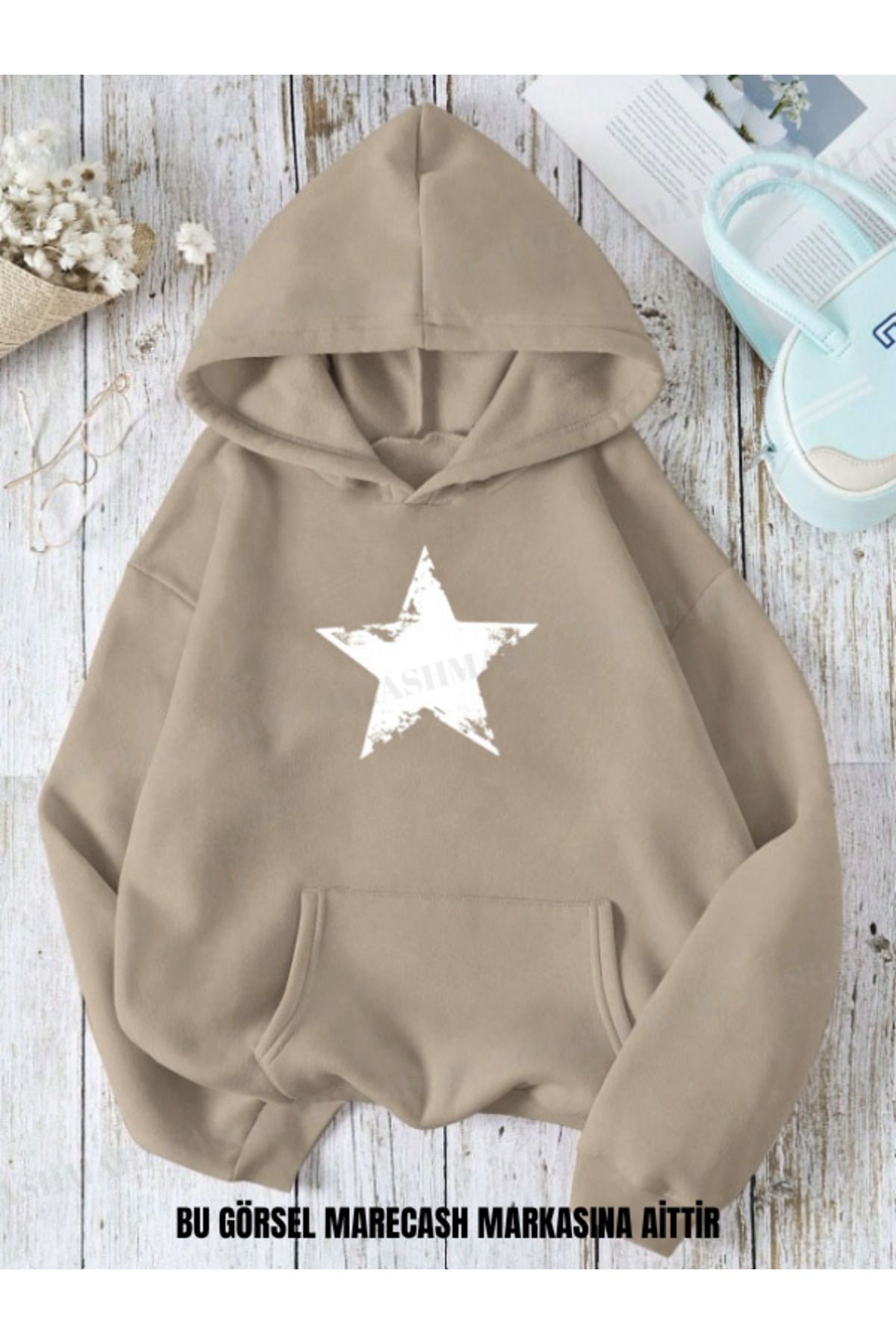 MARECASH Unisex 3 İplik Yıldız Star Baskılı Kapüşonlu Sweatshirt Hoodie Kışlık Renkli Kalın
