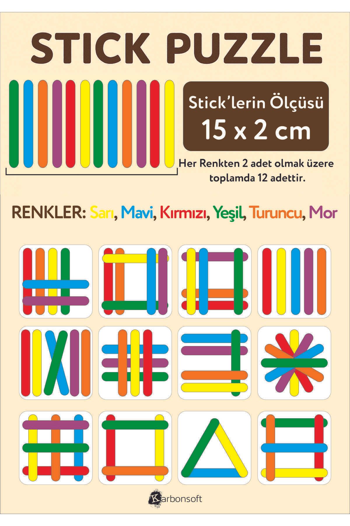 karbonsoft Stick Puzzle Eğitici Ahşap Çubuk Seti – 12 Parça Renkli Şekil Oyunu