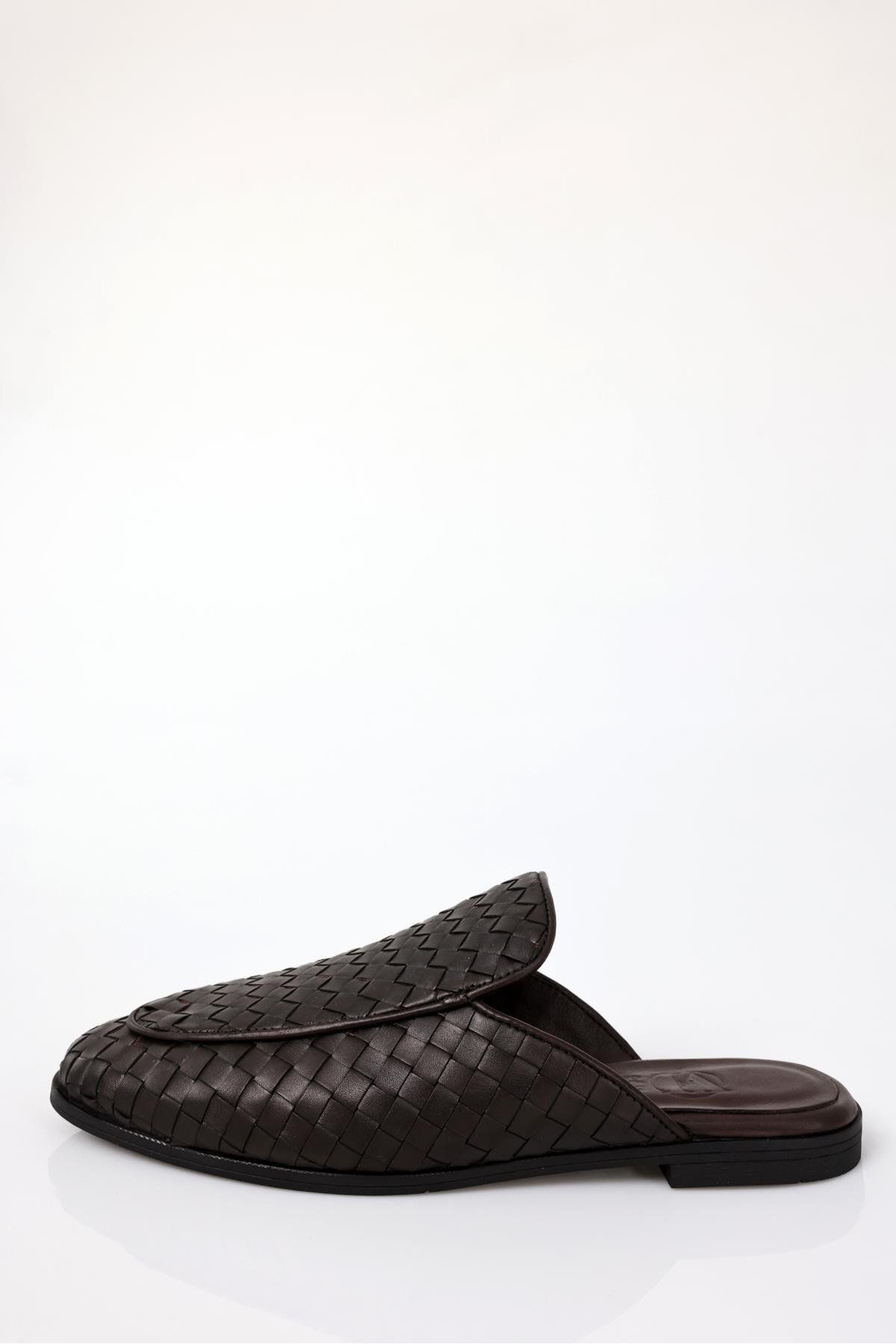 5in1Canpolat-Brown Leather Knitted Slippers 34310 3