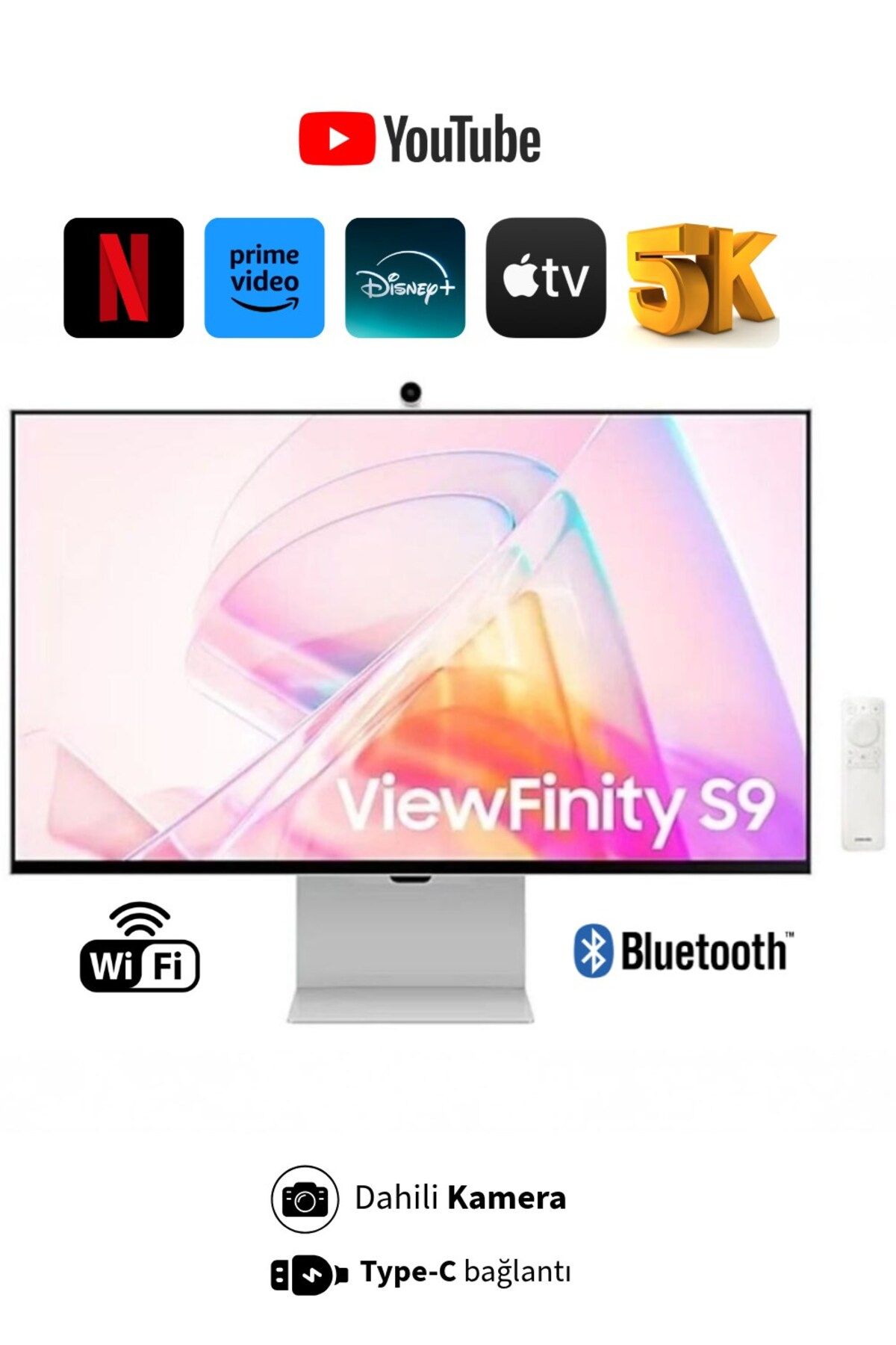 Samsung 5K(5120 x 2880)pixel, Kameralı AkıllıMonitör 600nit 27"inç Viewfinity S9 Profesyonel Slim Monitör-TV