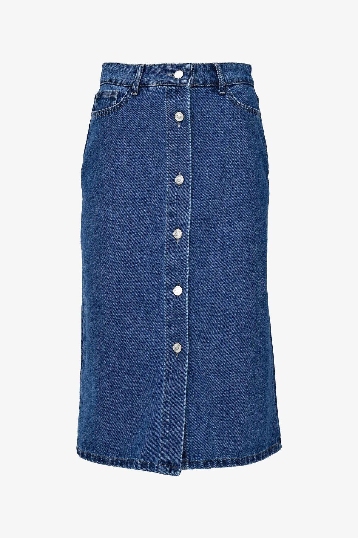 birizmoda Kadın Önü Düğmeli Yan Cepli Midi Boy Denim Kot Etek- Koyu Mavi