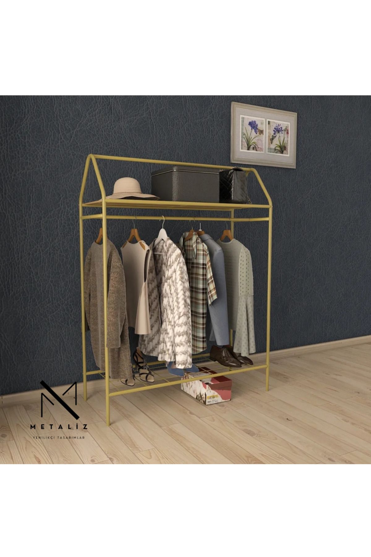 Metal Metaliz gold raflı elbise askılığı