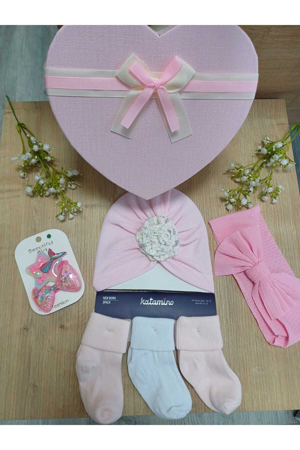 CB Gift Pamuklu Çiçekli Pembe Bebek Bone Seti Hediyelik