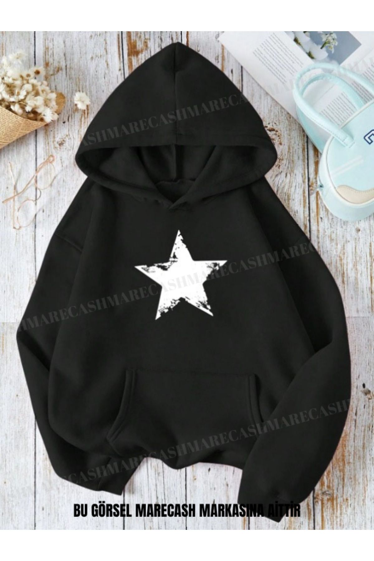 MARECASH Unisex 3 İplik Yıldız Star Baskılı Kapüşonlu Sweatshirt Hoodie Kışlık Renkli Kalın