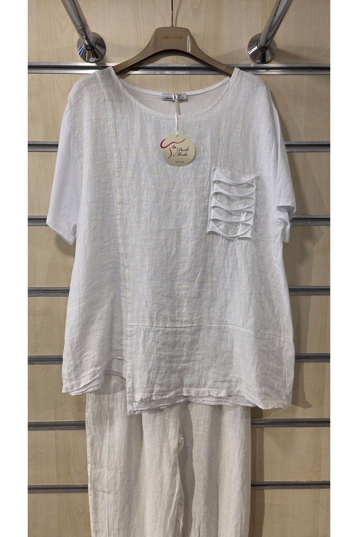 Park Moda İtalyan Keten Bluz Pul Cep Detaylı