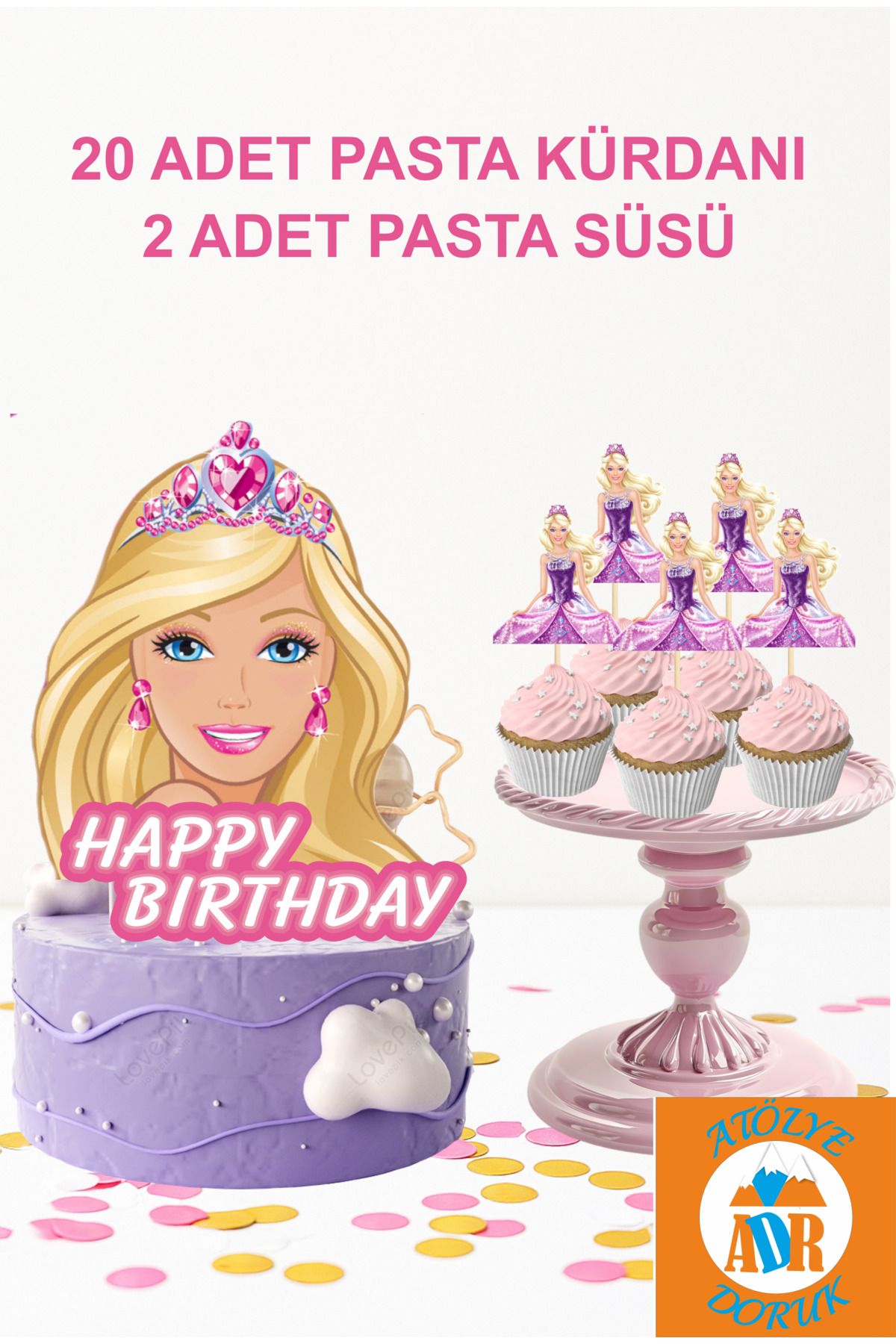 Atolye Doruk Barbie Bebek Doğum Günü Parti Süsü Seti-Barbie Pasta Çubuğu-Çubuklu Pasta Süsü Barbie Kek Kürdanı