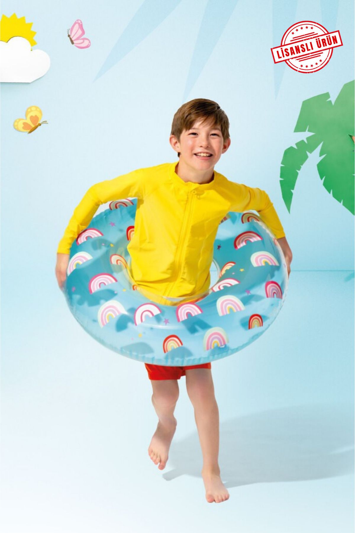 craftivio 7 Yaş Büyük Boy Gökkuşağı Desenli Tutmalı Şişme Simit Çocuk Deniz Havuz Simidi 81 Cm