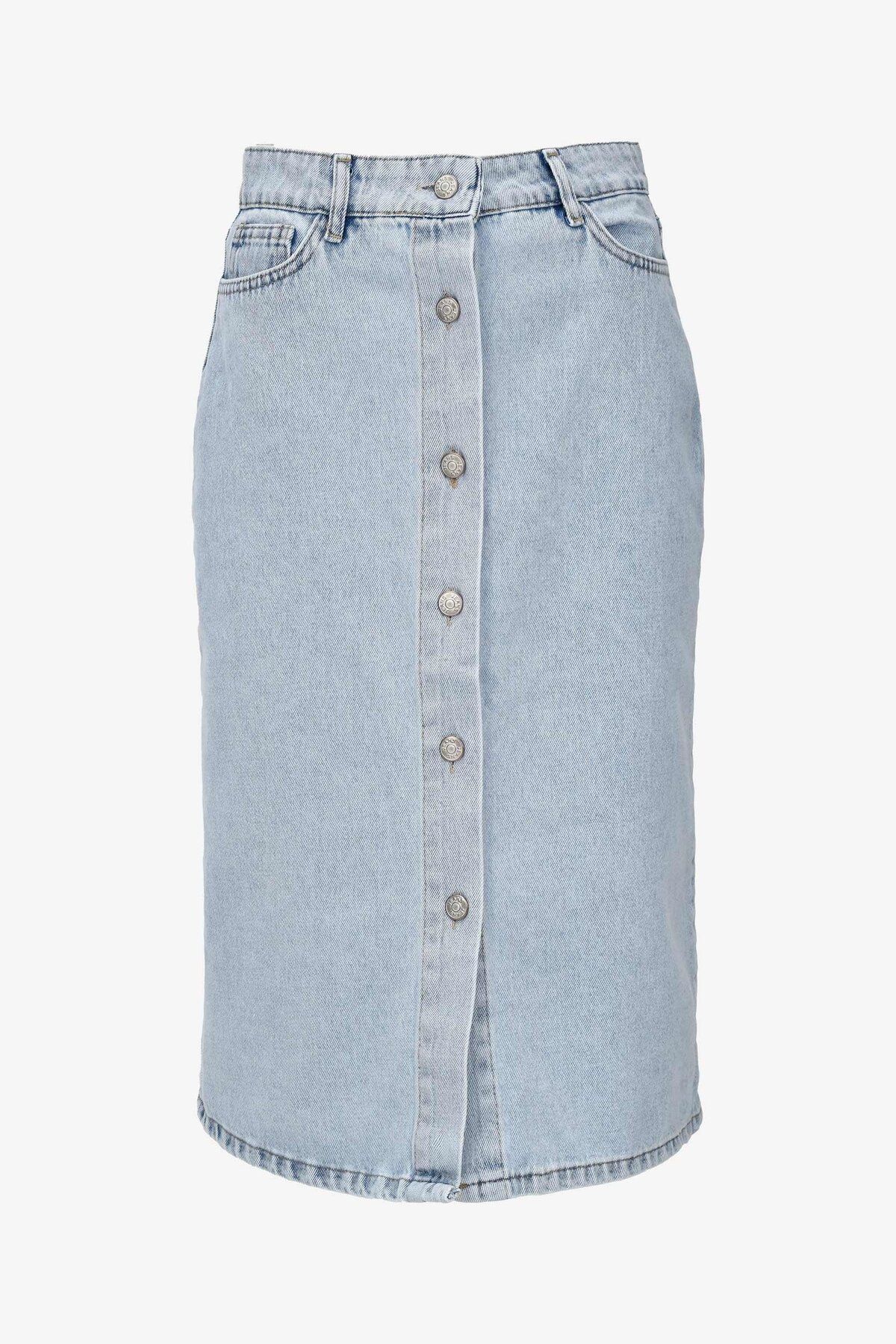 birizmoda Kadın Önü Düğmeli Yan Cepli Midi Boy Denim Kot Etek- Açık Mavi