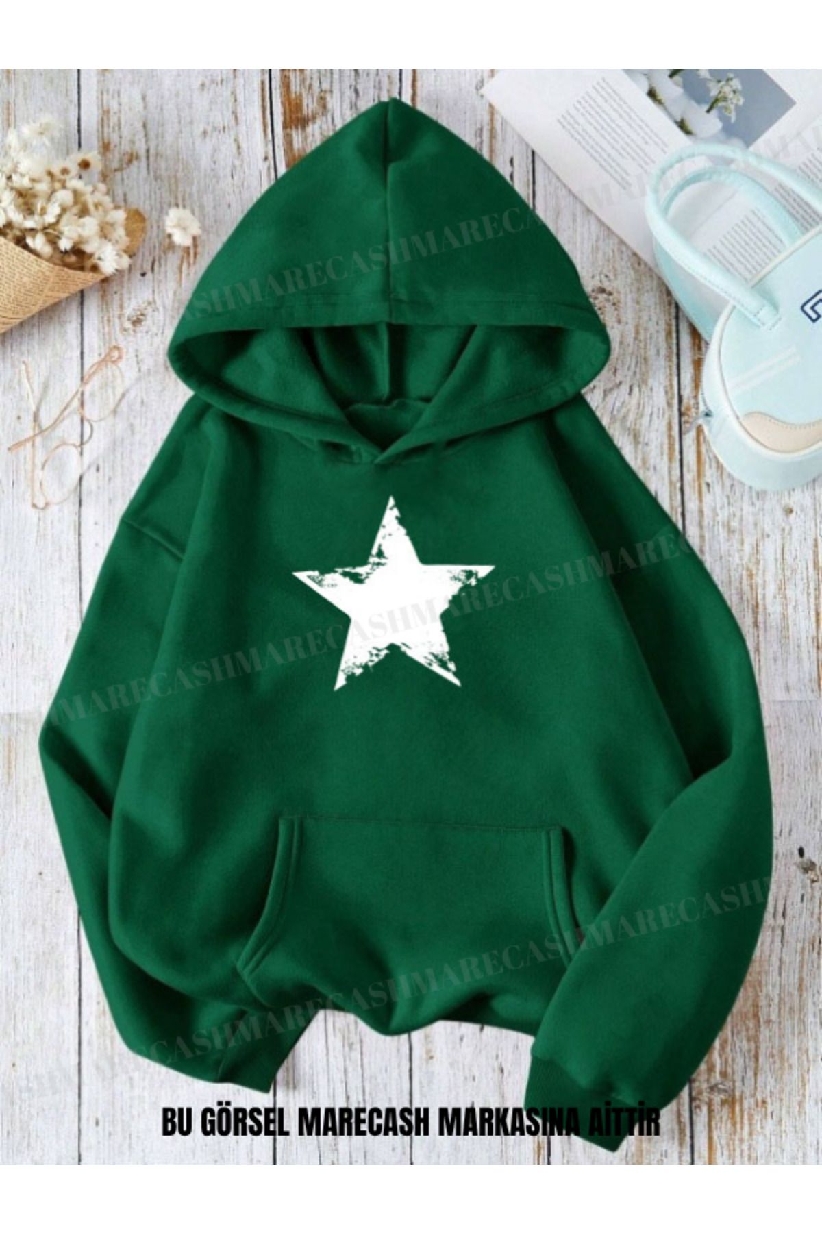 MARECASH Unisex 3 İplik Yıldız Star Baskılı Kapüşonlu Sweatshirt Hoodie Kışlık Renkli Kalın
