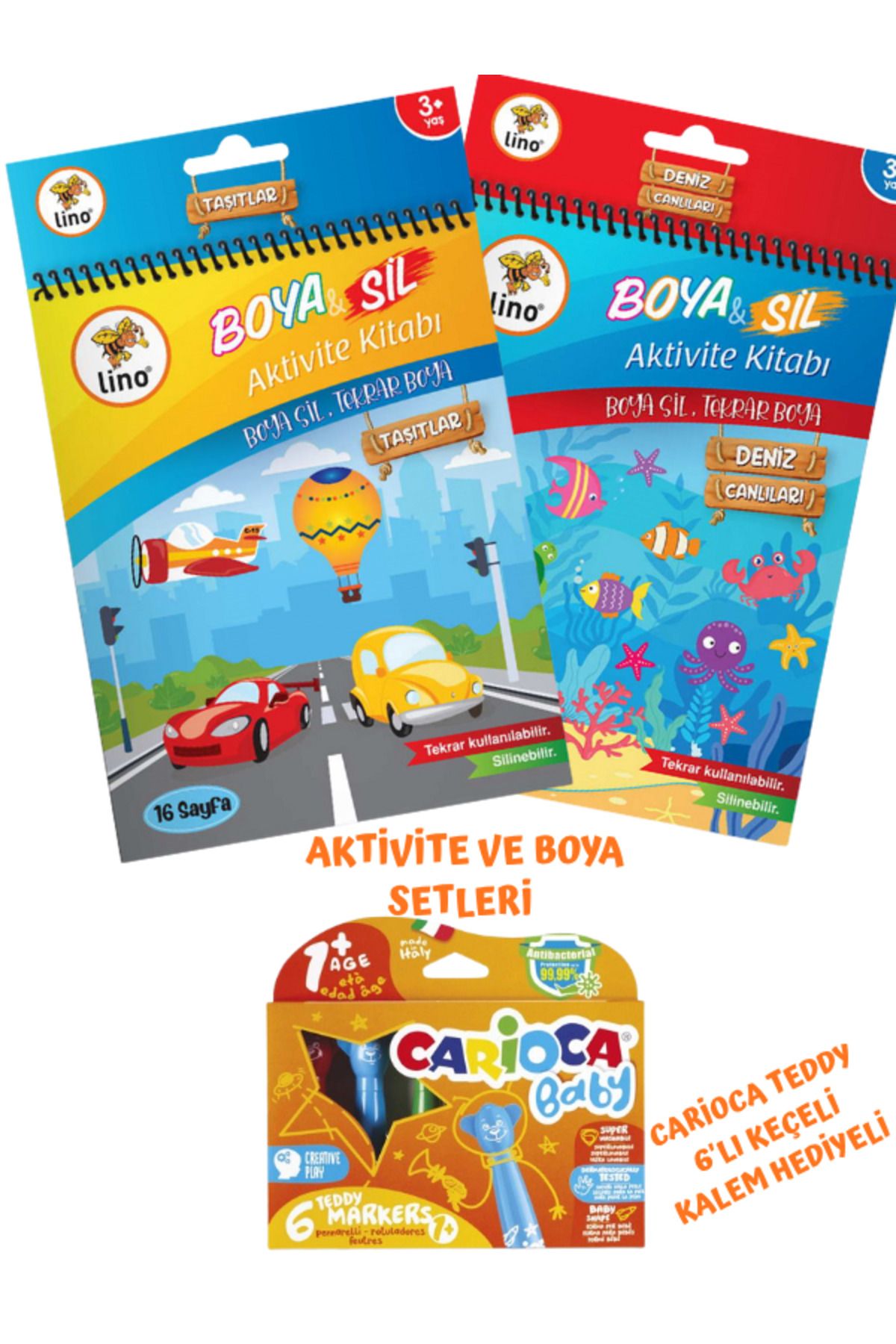 CARIOCA 2'li Lİno Aktivite Boya Sil Seti Carioca Teddy 6'lı Keçeli Kalem Hediyeli