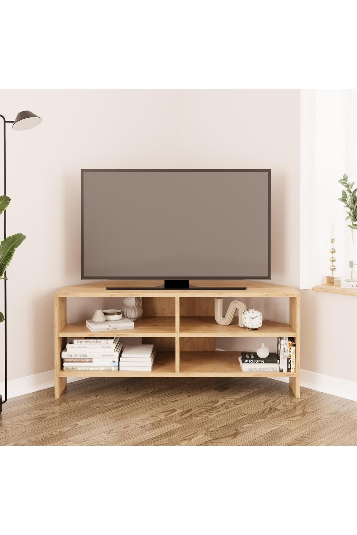 Bimossa ROY B1410 Köşe TV Sehpası Ünitesi – Sepet Ahşap | Açık Raflı & Modern