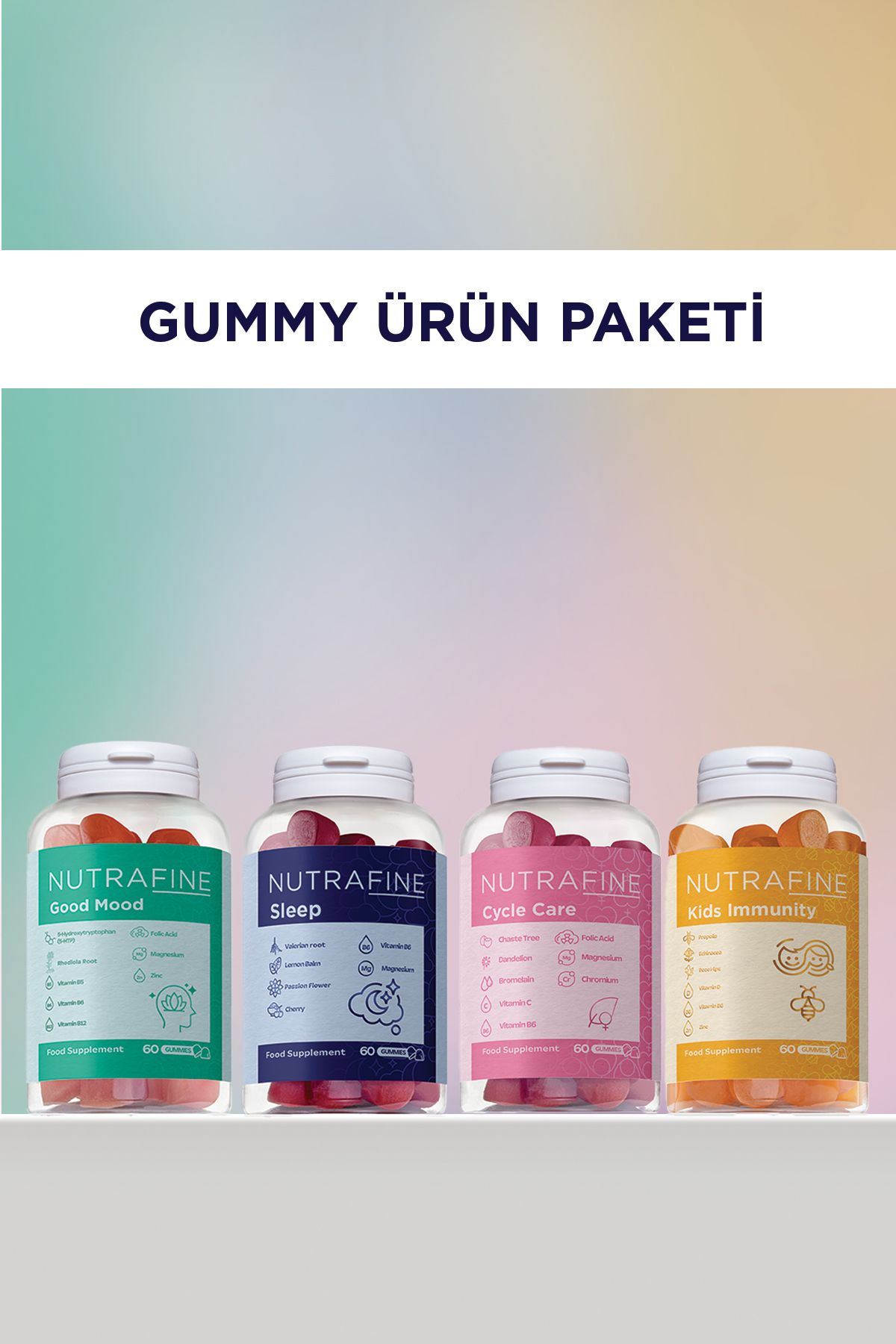 Nutrafine 4’lü Gummy Ürün Paketi - Good Mood, Sleep, Cycle Care ve Kids Immunity Gummy Çiğnenebilir Vitamin