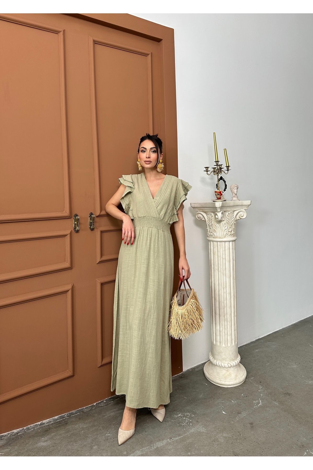AsprinFashion NERVÜRLÜ BELİ GİPELİ ELBİSE HAKİ