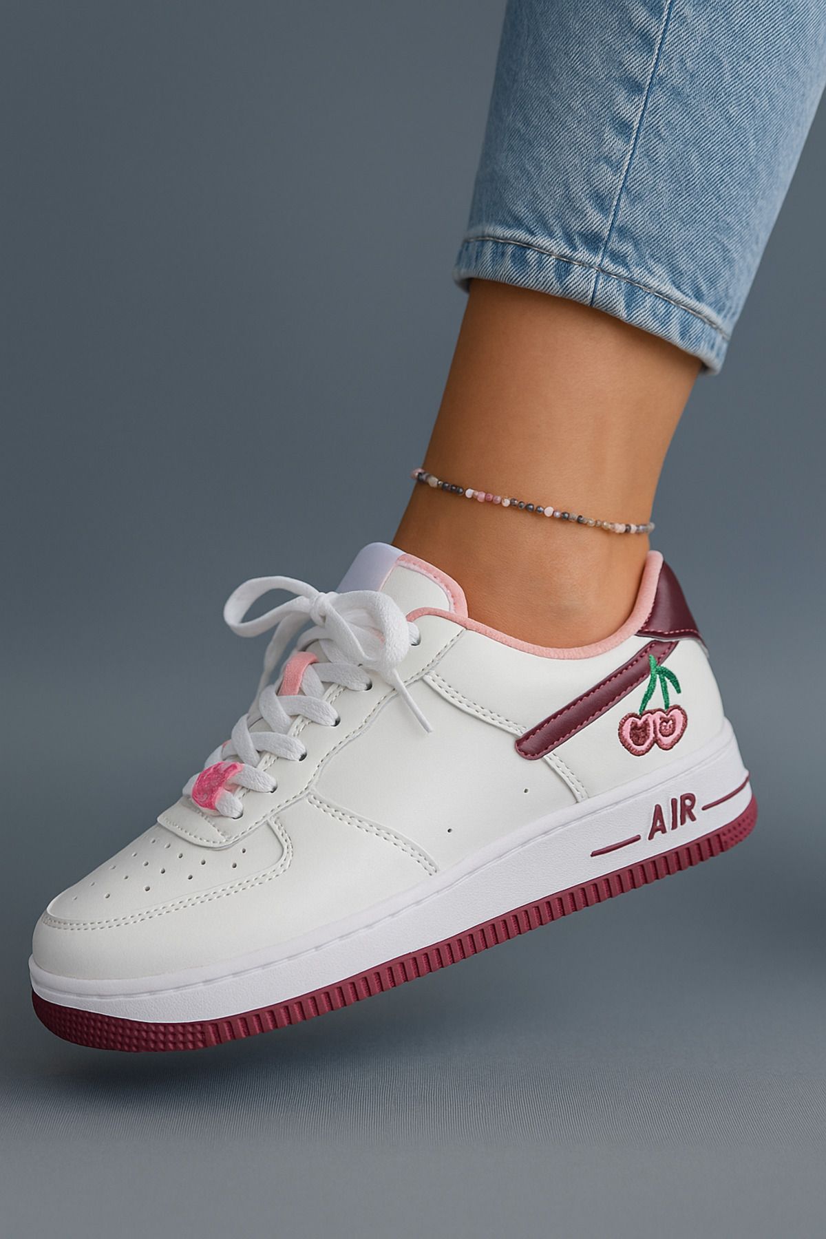 asyada fashion kiraz desenli düz beyaz kadın sneakers ayakkabı spor ayakkabı yazlık ayakkabı