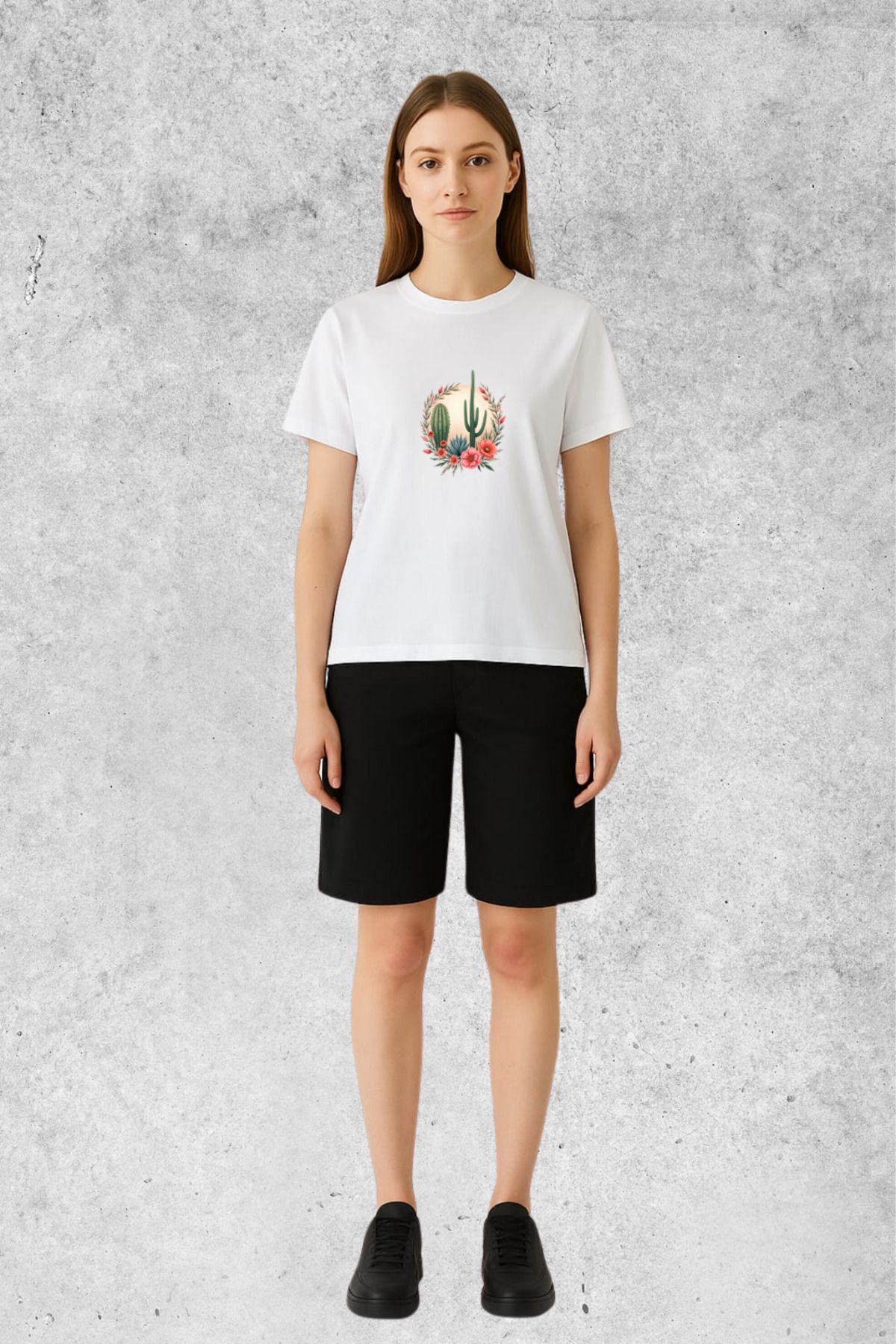 MOLICO Basic unisex sıfır yaka kısa kollu KAKTÜS baskılı tshirt