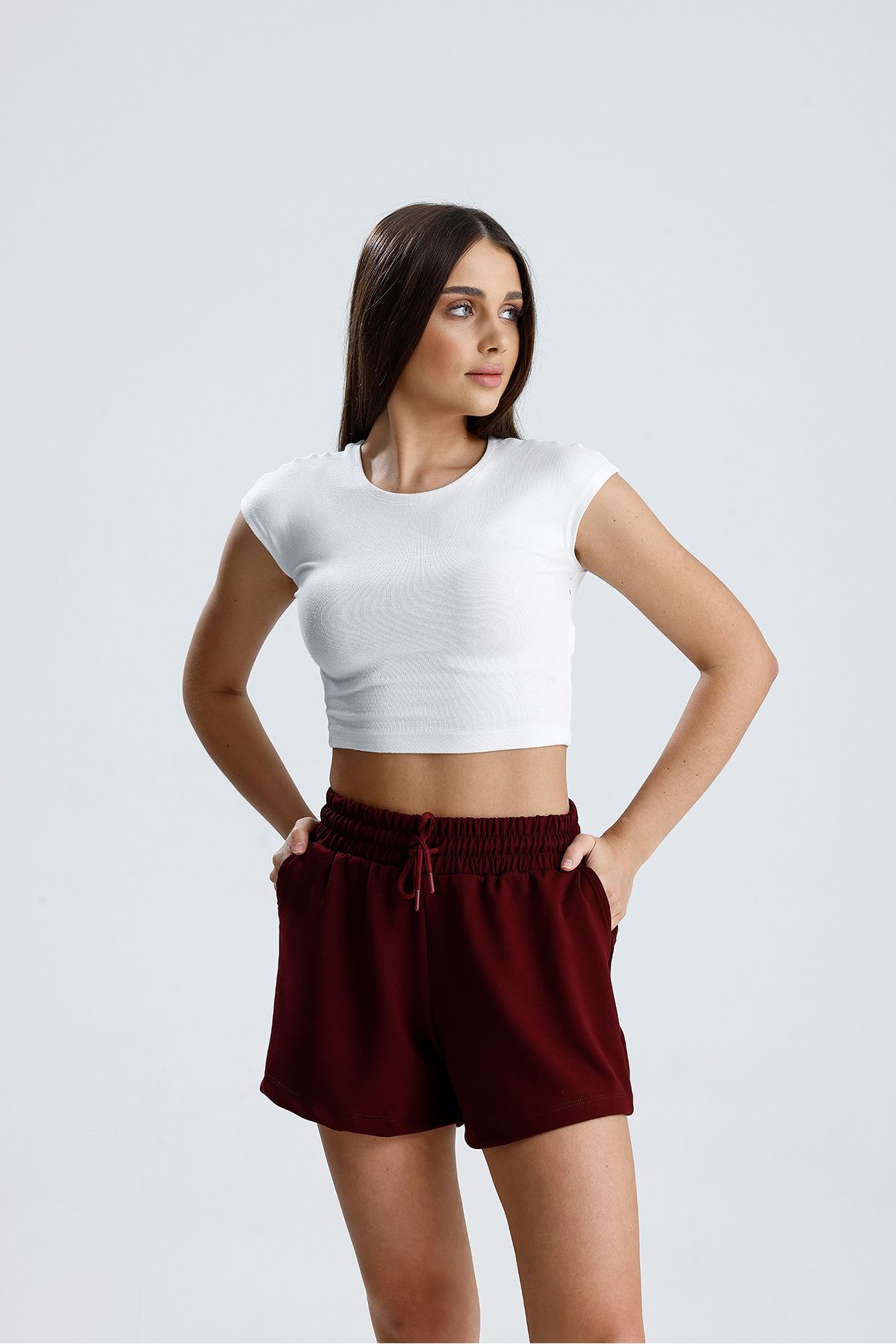 RuyaMood Kadın Bordo Şort Modal Kumaş Yumuşak Dokulu Esnek Likralı Bağcıklı Çift Cepli Şort