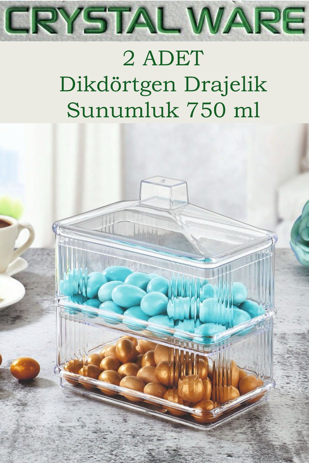 Crystal Ware 2 Adet Şeffaf Dikdörtgen Drajelik,Çerezlik,Sunumluk 750 ml F122