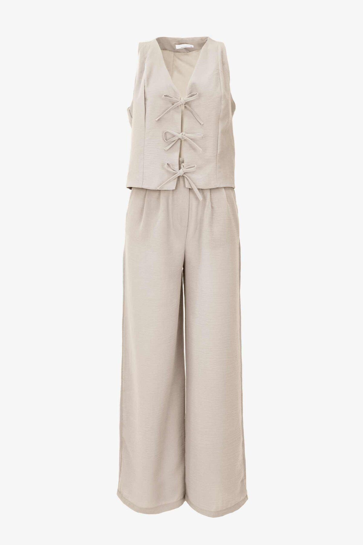 birizmoda Kadın Önü Bağlamalı Kalın Askılı Yelek Pantalon Takım - Bej