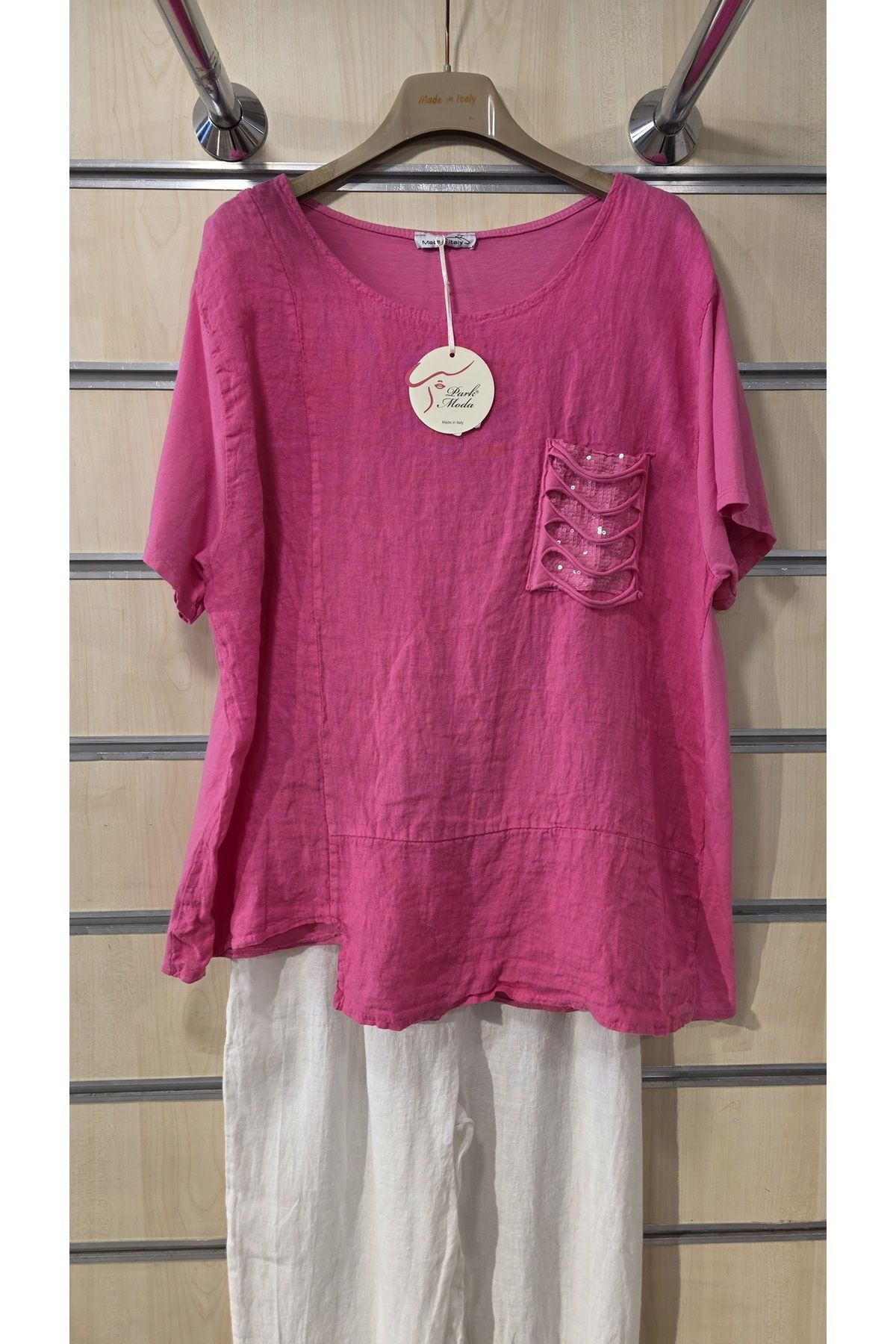Park Moda İtalyan Keten Bluz Pul Cep Detaylı