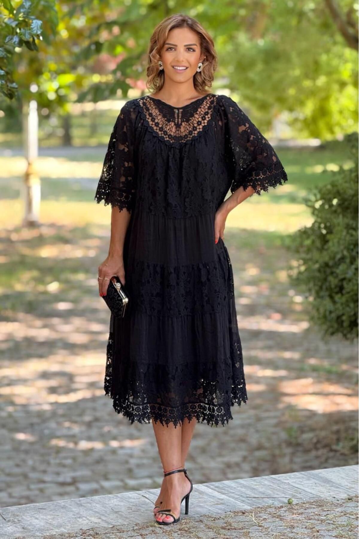 Nevin Kaya Moda Siyah Dolce Notte Dantelli %100 Pamuk İtalyan Elbise