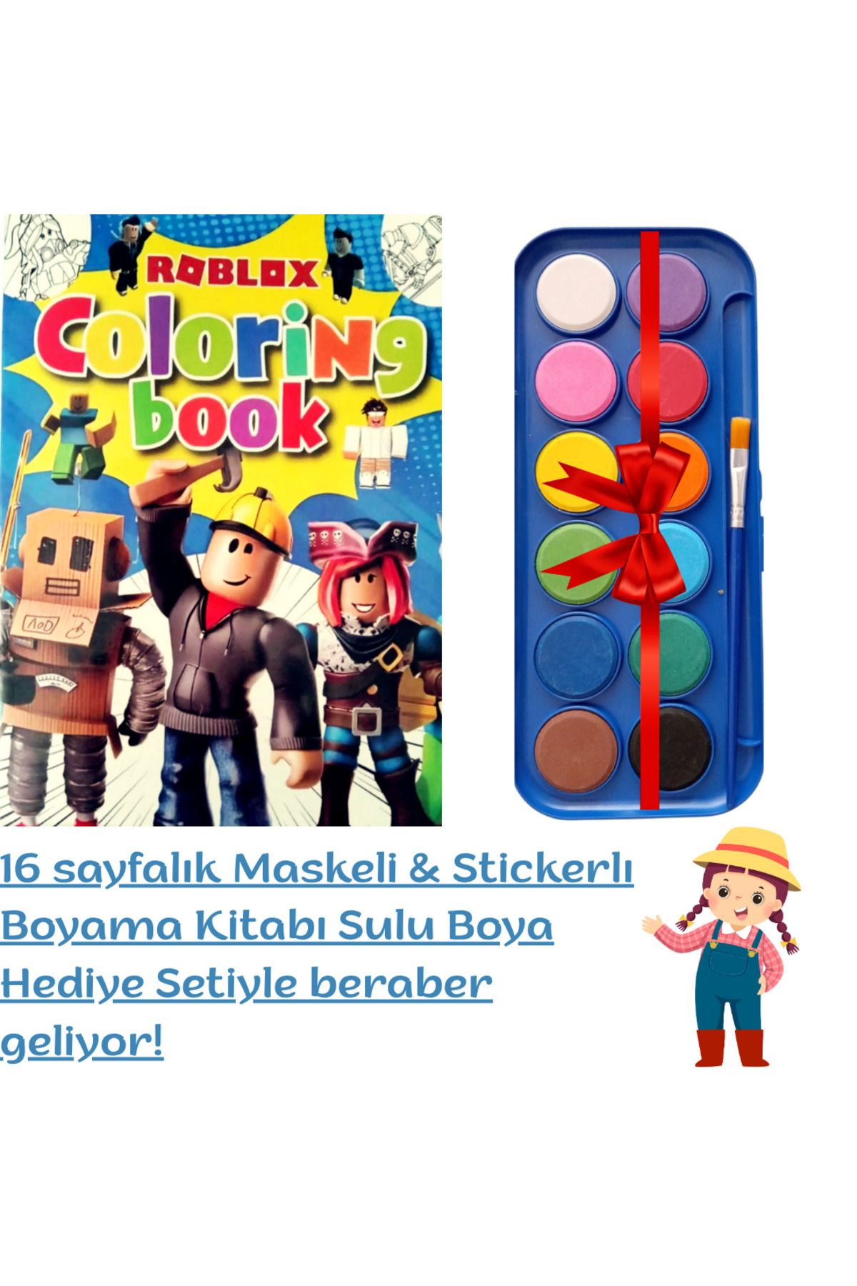 booddie Roblox Boyama Kitabı Stickerlı (arka Kapak Kesilerek Maskeli ) 12'li Sulu Boya Seti