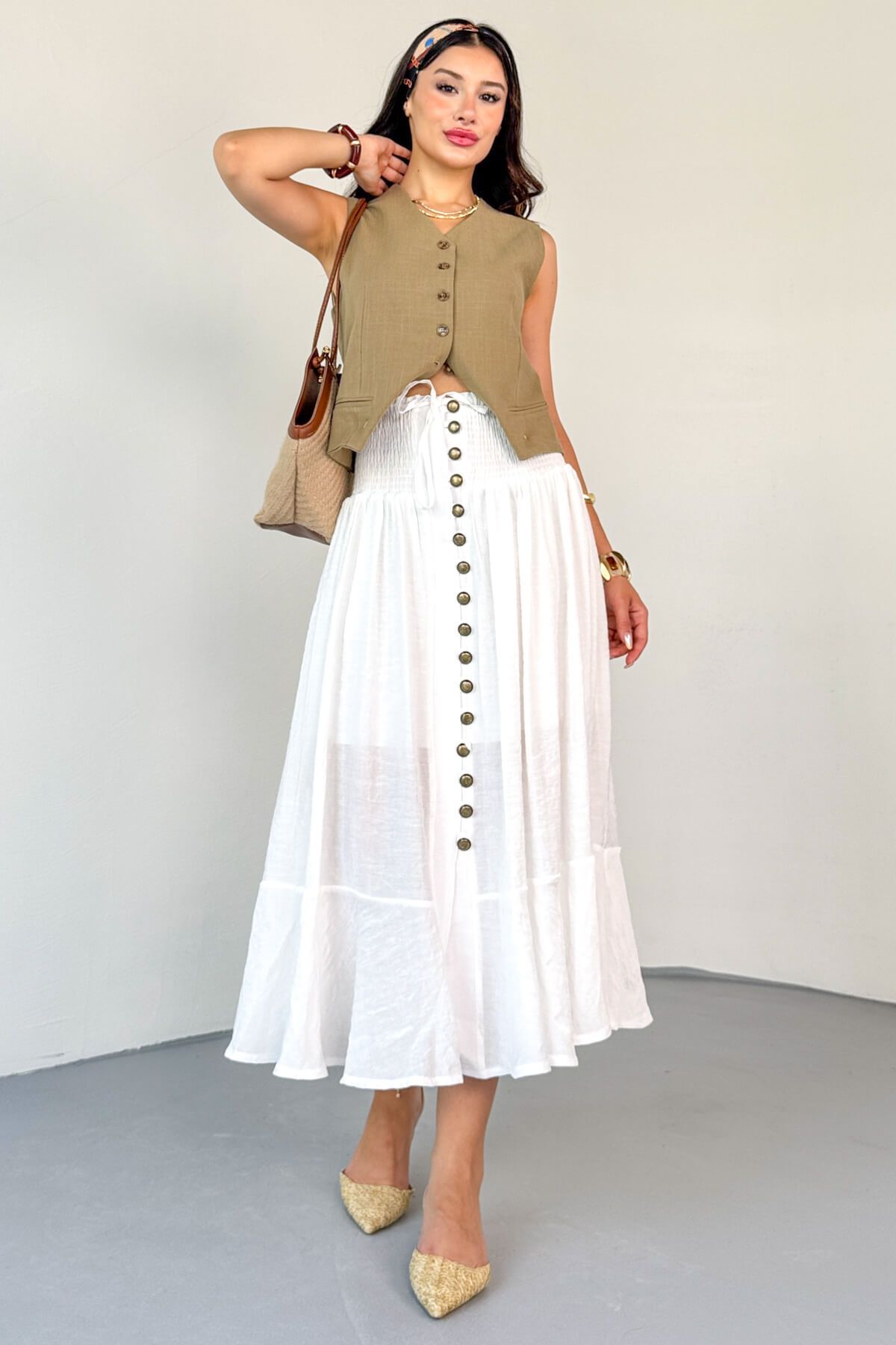 Cappmoda ETK-02339 Beyaz Gipeli Eskitme Düğme Detaylı Astarlı Vintage Etek