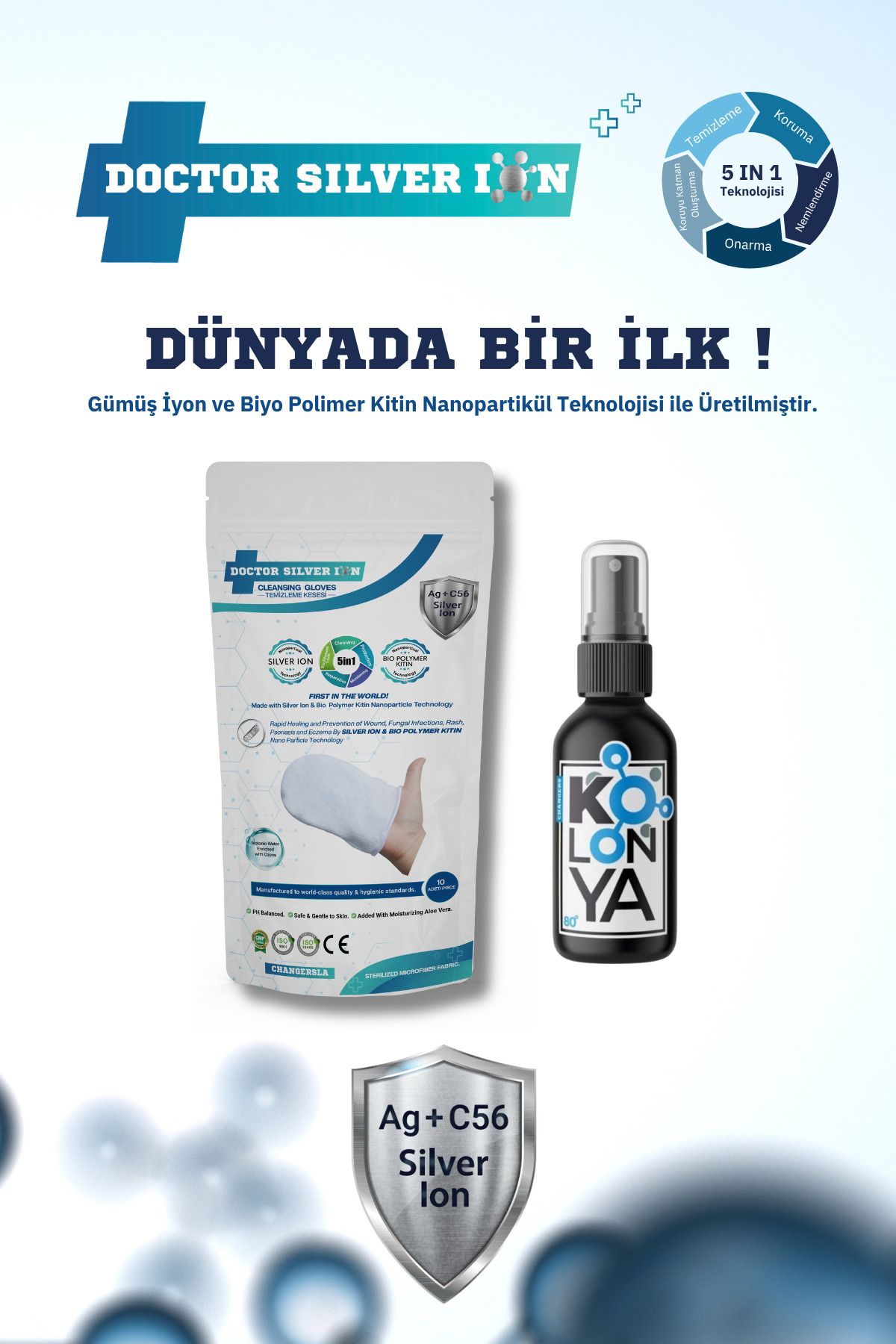 Doctor Silver Ion Gümüş İyonlu Su Gerektirmeyen Vücut Temizleme Kesesi 10 Adet + 50ml Kolonya