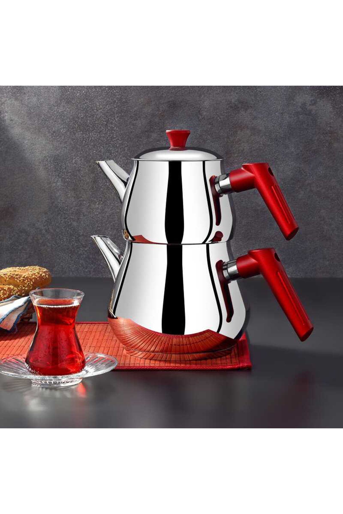 Perotti Çaykara Soft Midi Çelik Çaydanlık Takımı - Gri / Kırmızı - 1,8 lt + 1 lt
