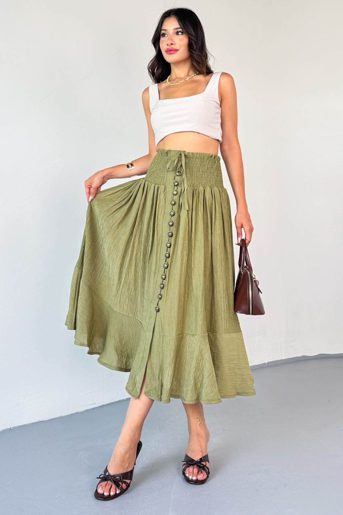 Cappmoda ETK-02339 Haki Gipeli Eskitme Düğme Detaylı Astarlı Vintage Etek
