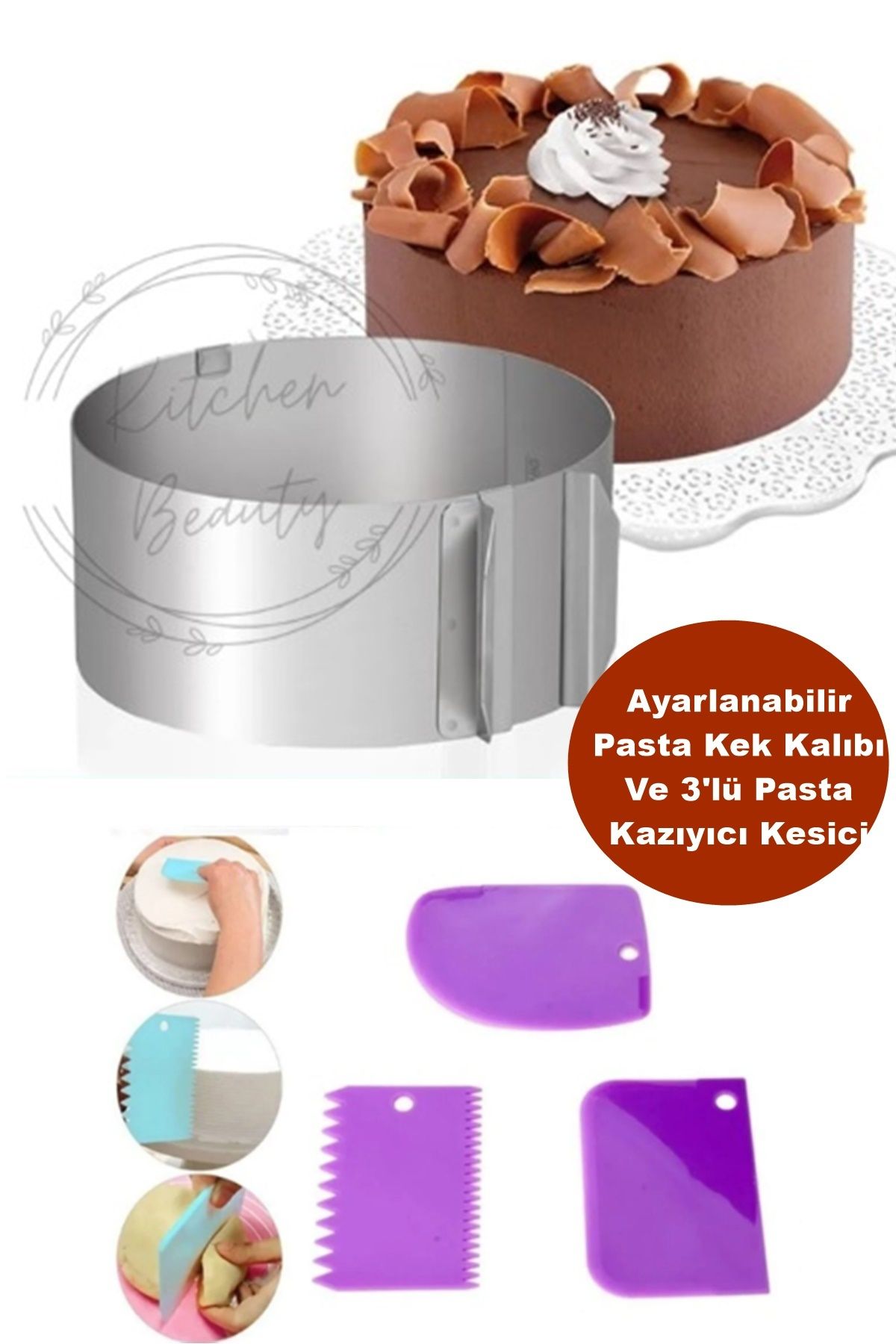 Kitchen Beauty Kek Ve Pasta Kalıbı Paslanmaz Yuvarlak Kelepçeli Kalıp Ve 3'lü Hamur Kesici Kazıyıcı Dekoratör Set