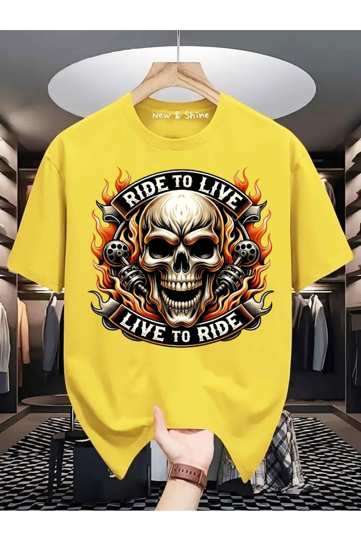 New Shine Ride or Live Baskılı Oversize T-Shirt