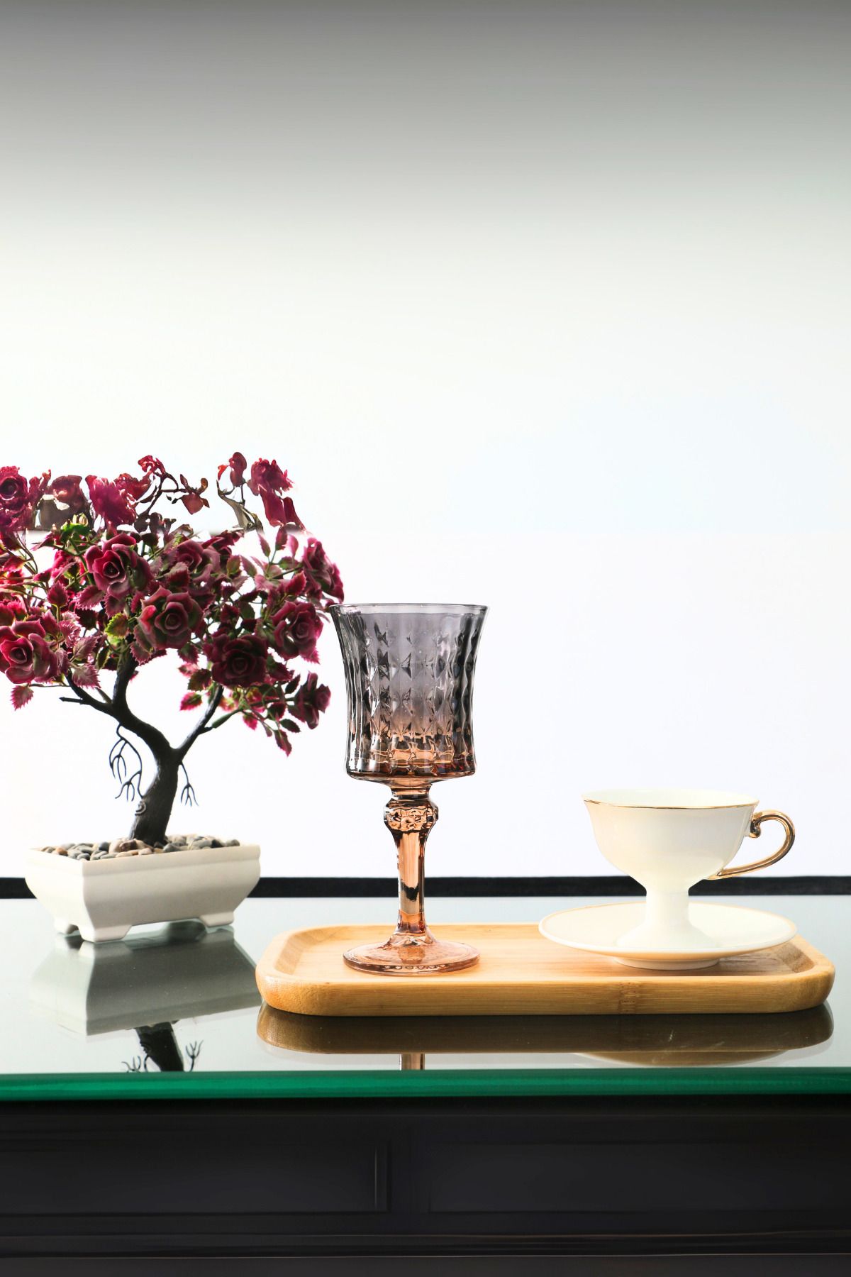 PLT Design 6 Adet Füme Renk Kristal Ayaklı Kahve Yanı Su Ve Meşrubat Bardağı Sunum Bardağı