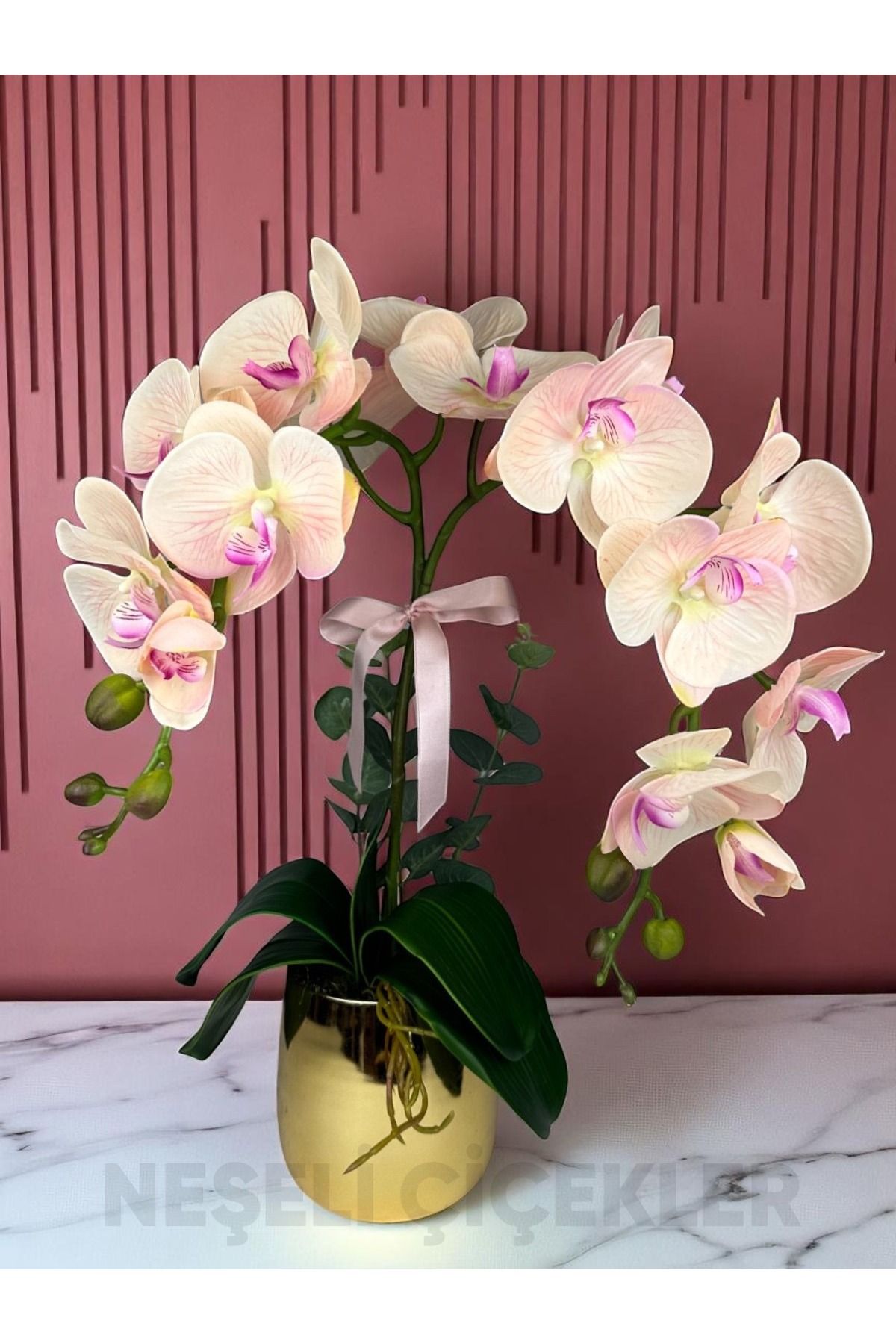 NEŞELİ ÇİÇEKLER Yapay Orkide Premium Kalite Doğal Görünümlü Gold Saksı Yapay Çiçek 55 cm Hediye Yapay Salon Çiçeği