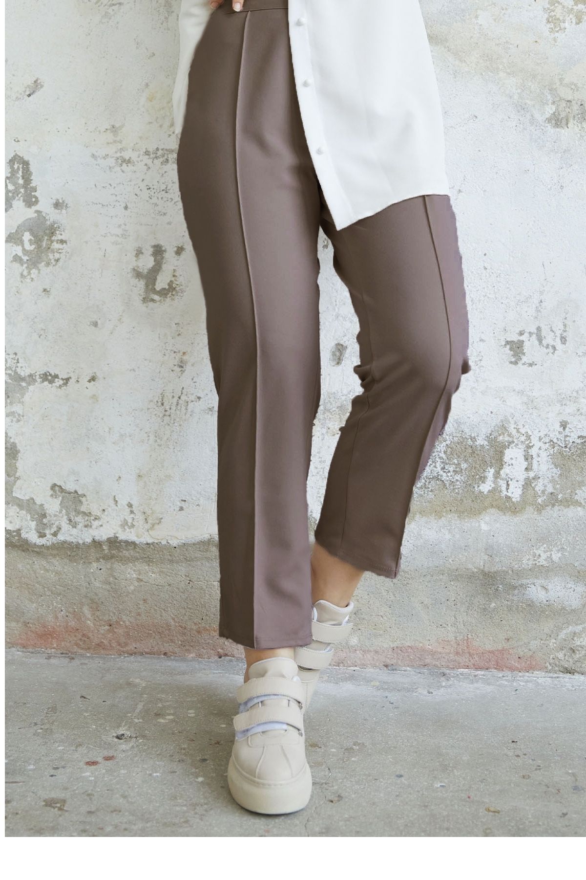 InStyle Beli Fermuarlı Çimalı Pantolon - Sütlü Kahve