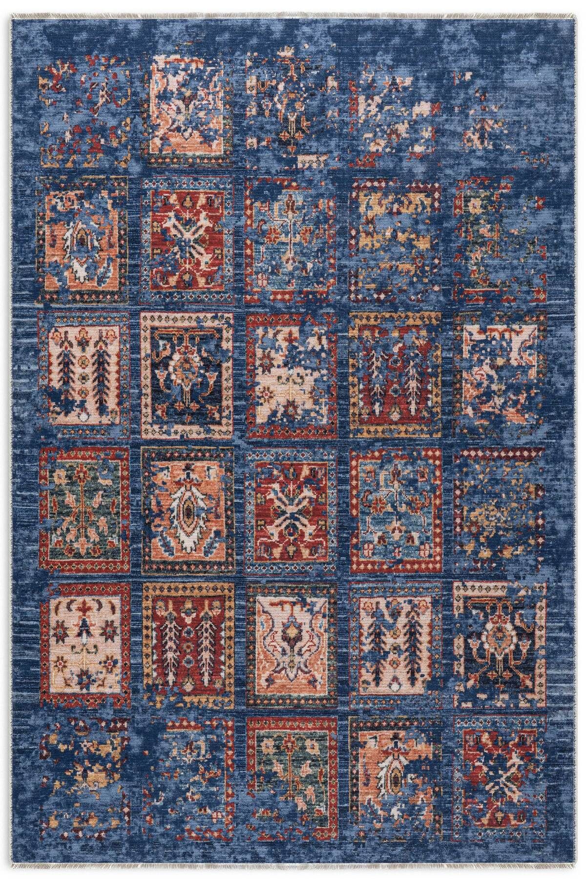 Pastel Home Eskitme afgan mavi şönil halı kendinden saçaklı halı kilim yolluk kaymaz yıkanabilir salon mutfak