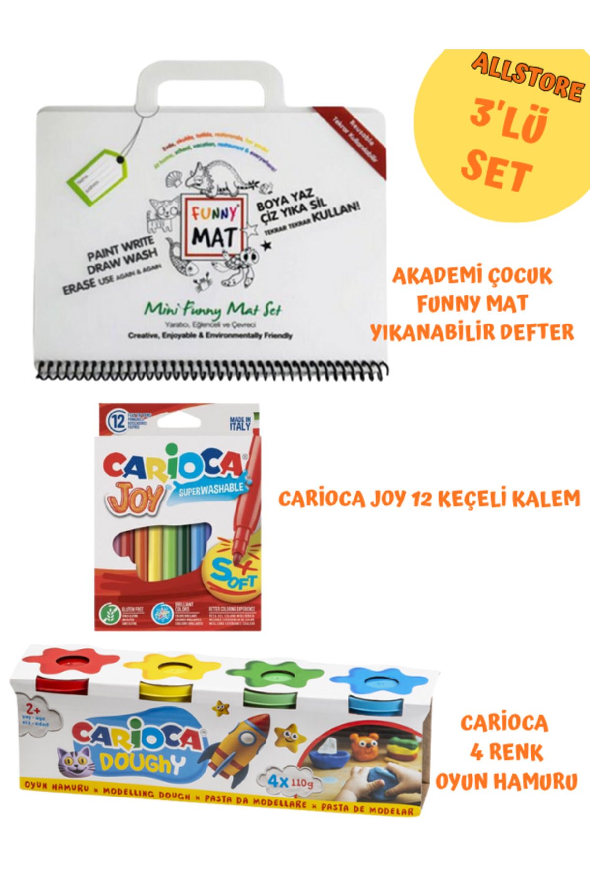 CARIOCA 3 lü Eğlence Seti Carioca Oyun Hamuru-Carioca Joy 12 - Akademi Çocuk Mat Yıkanabilir Defter
